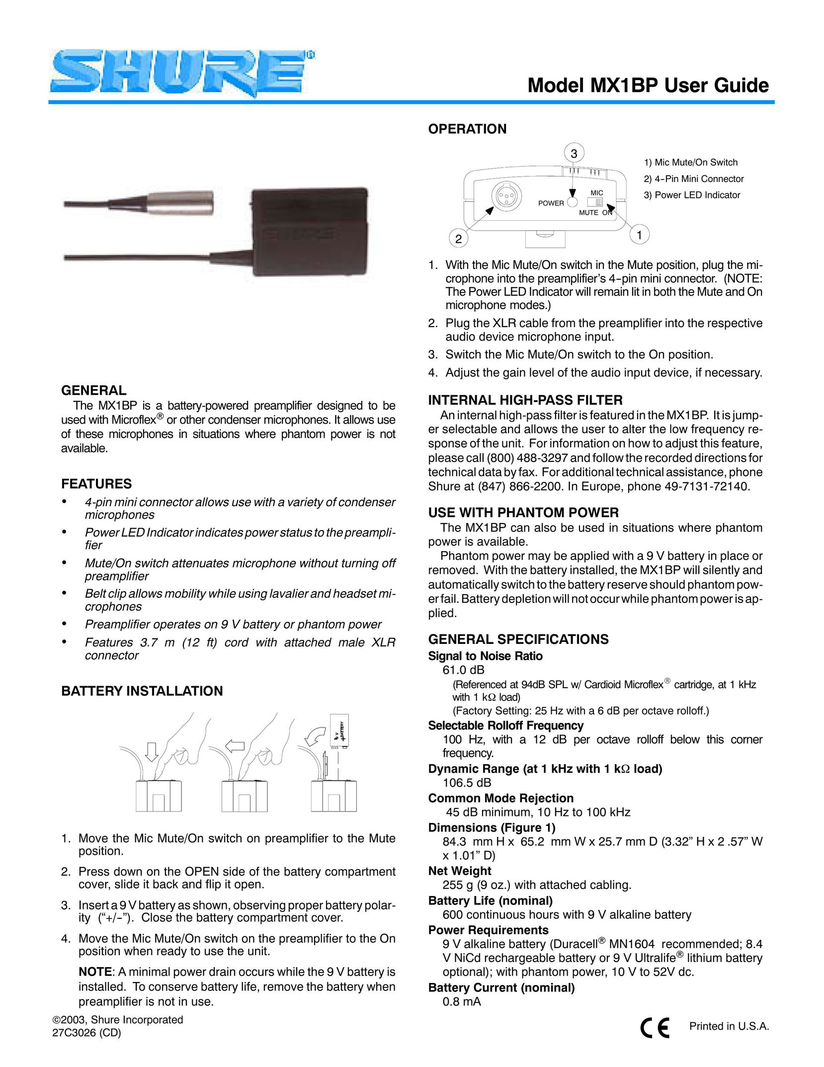 Shure MX1BP Stereo Amplifier User Manual