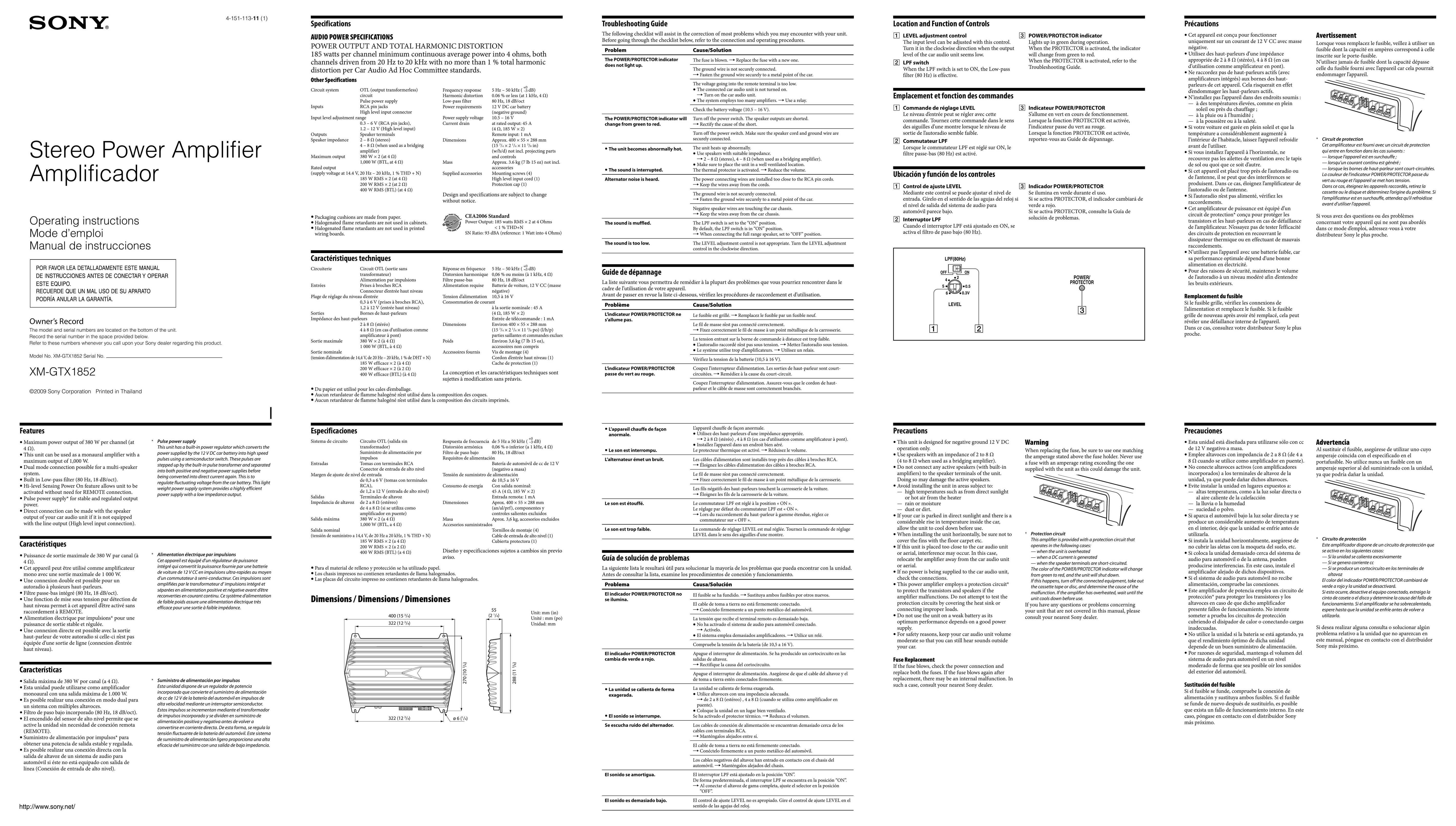 Sony 4-151-113-11 (1) Stereo Amplifier User Manual