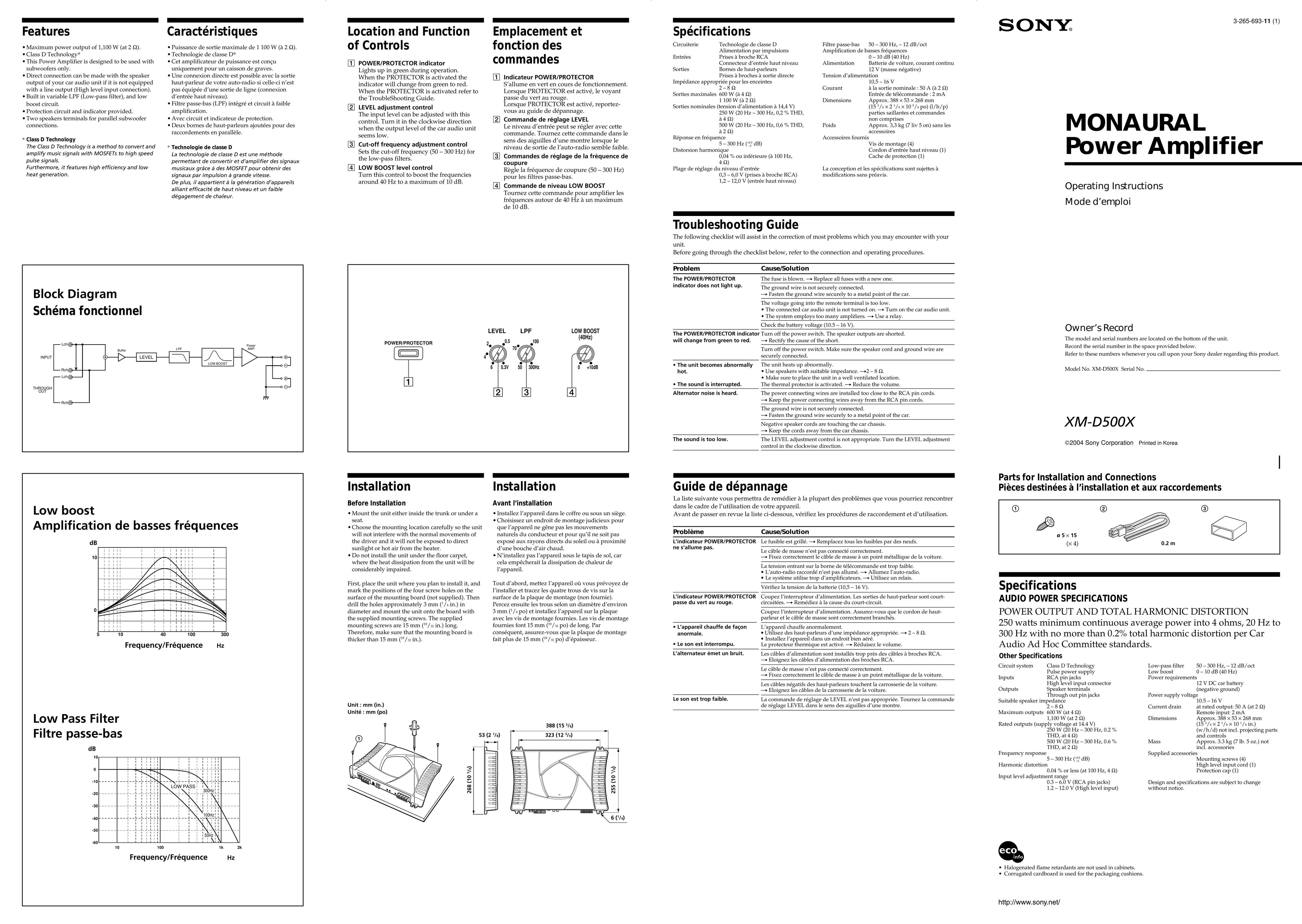 Sony MONAURAL Stereo Amplifier User Manual
