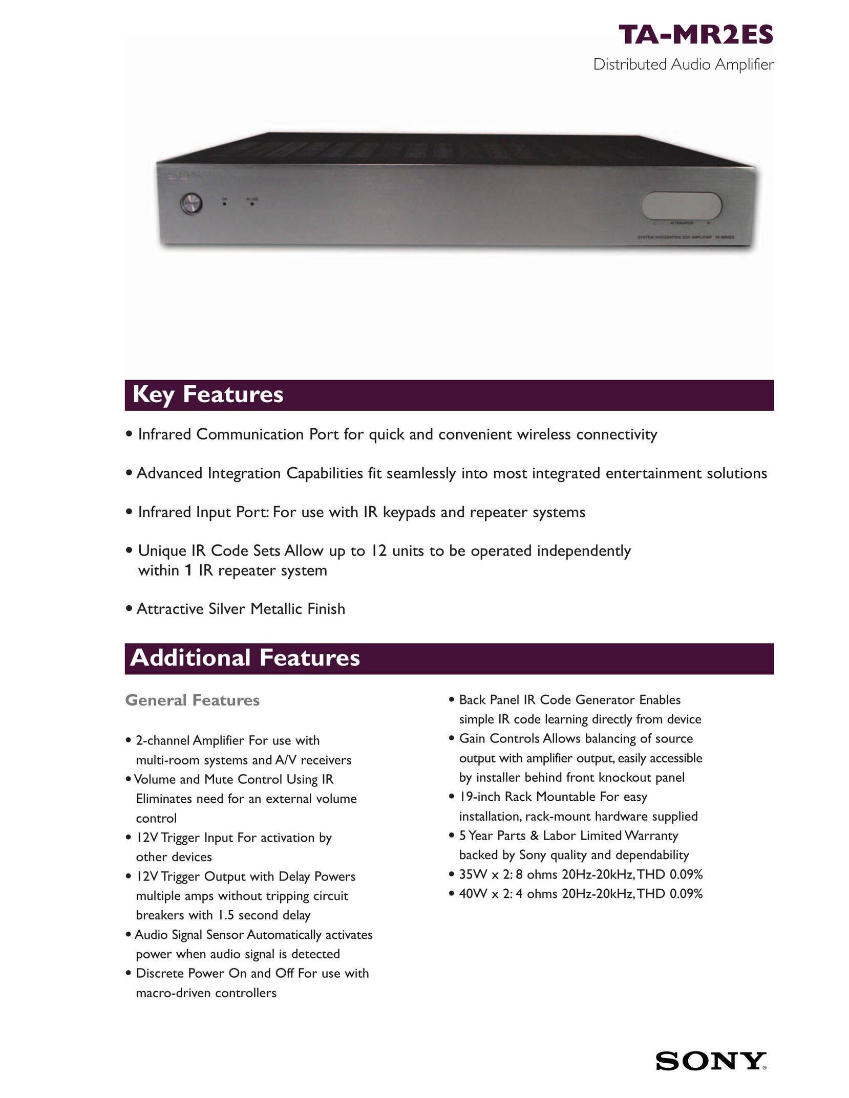 Sony TA-MR2ES Stereo Amplifier User Manual