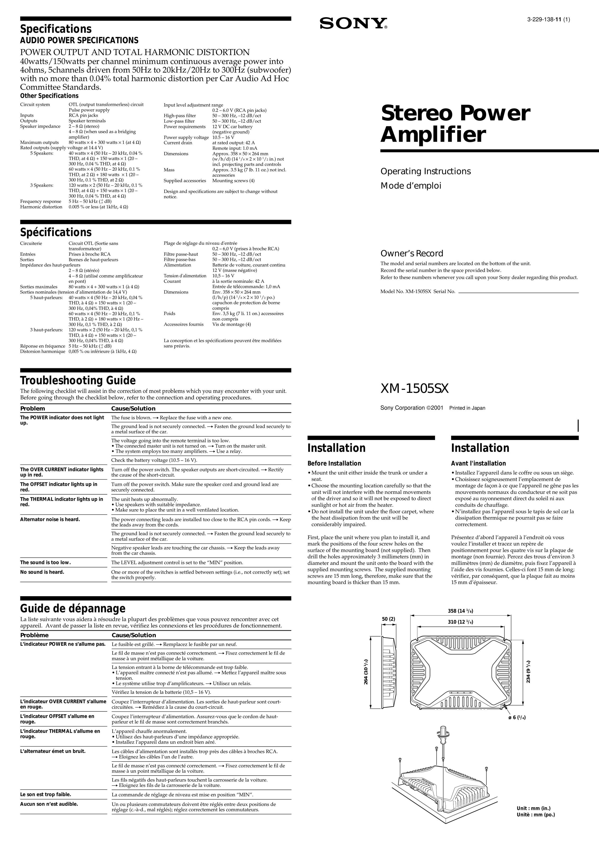 Sony XM-1505SX Stereo Amplifier User Manual