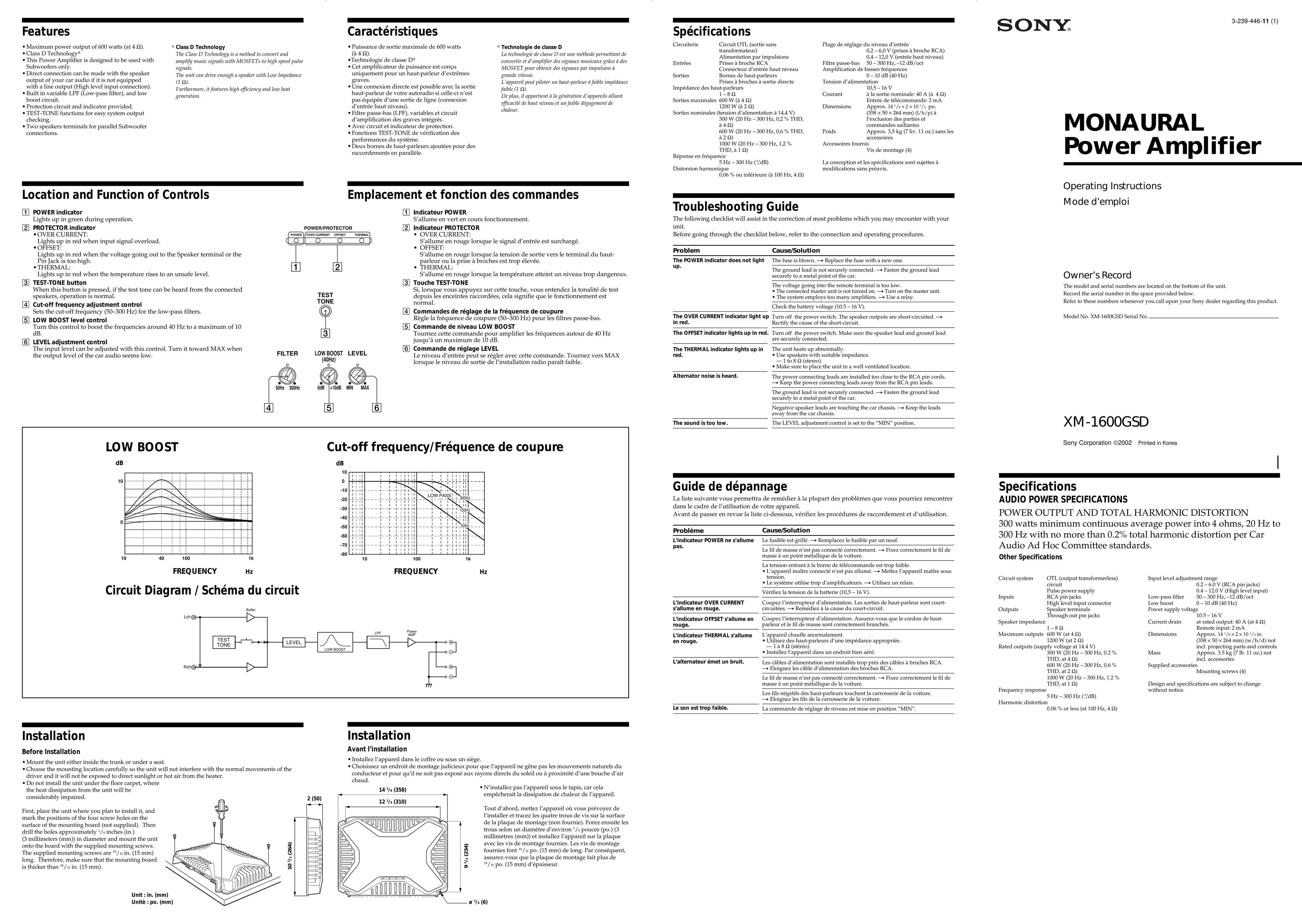 Sony XM-1600GSD Stereo Amplifier User Manual