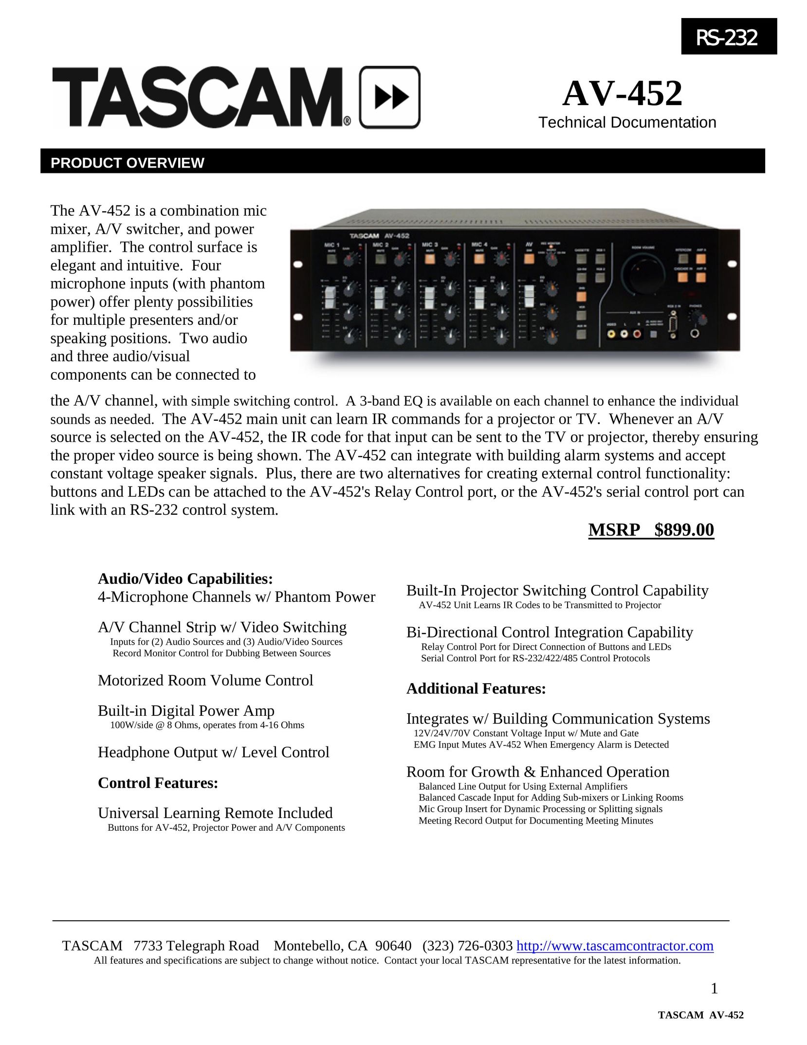 Tascam AV-452 Stereo Amplifier User Manual