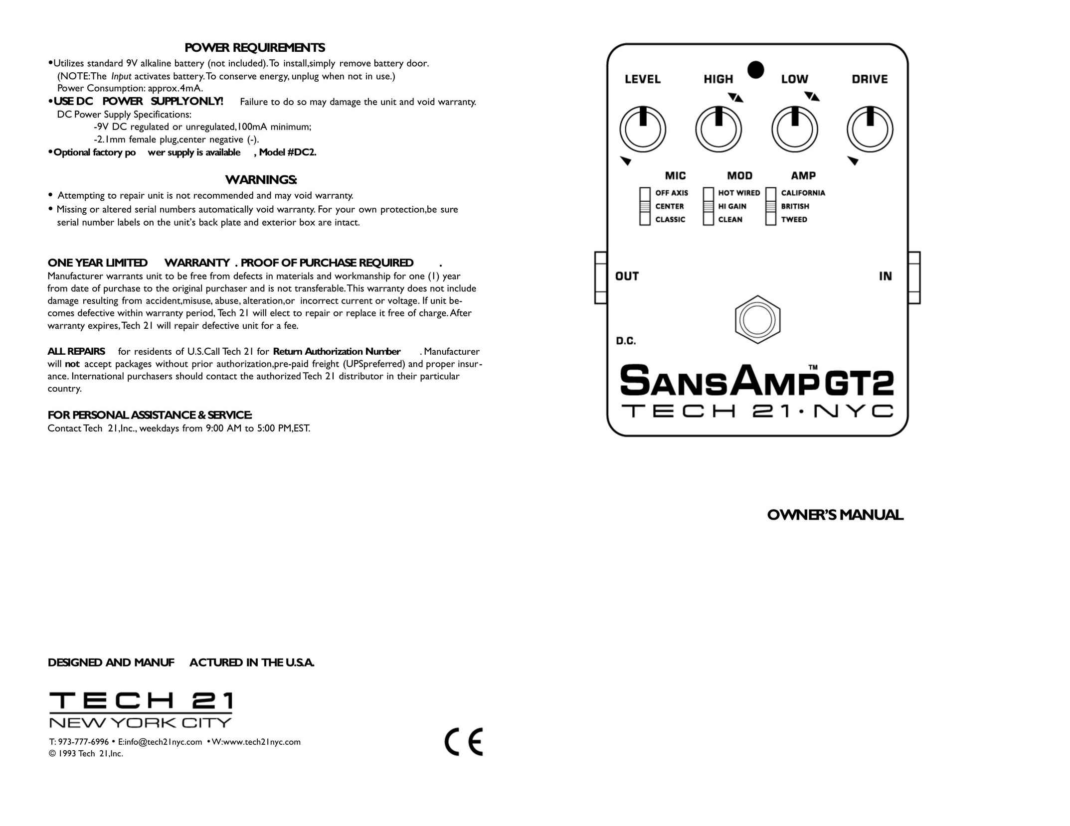 Tech 21 GT2 Stereo Amplifier User Manual