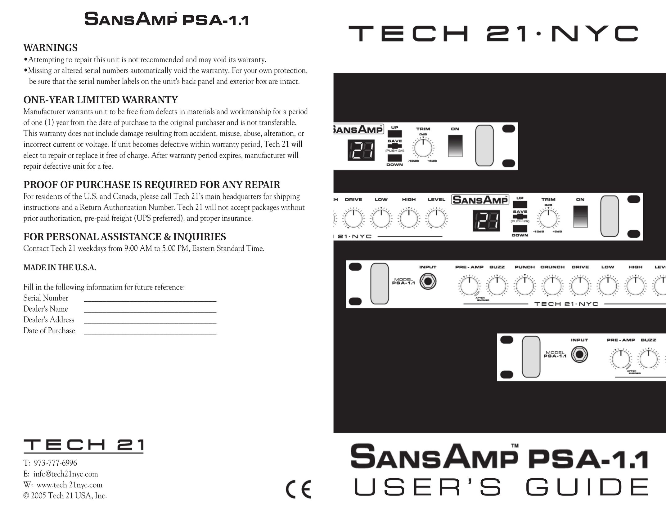 Tech 21 PSA-1.1 Stereo Amplifier User Manual