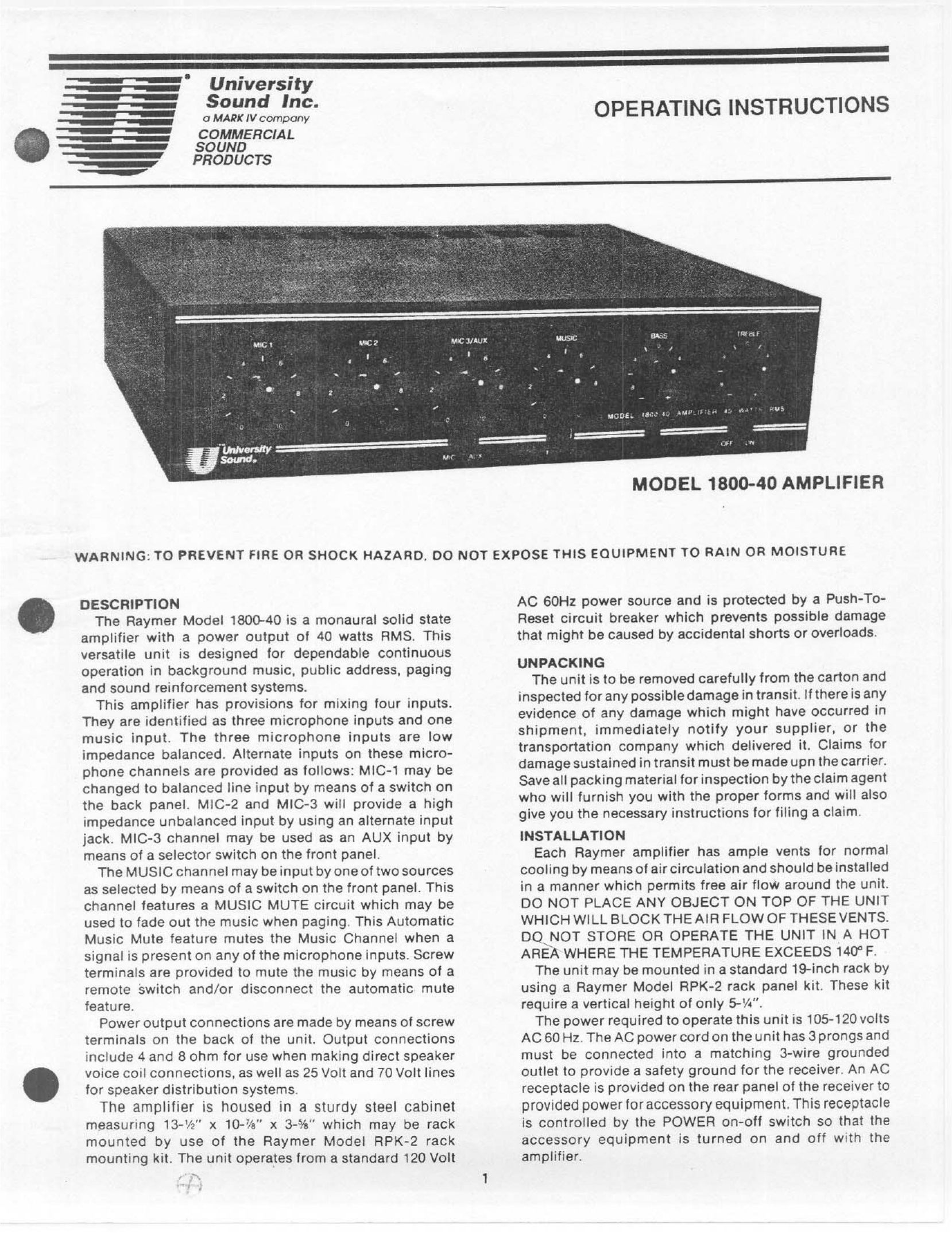 Telex 1800-40 Stereo Amplifier User Manual