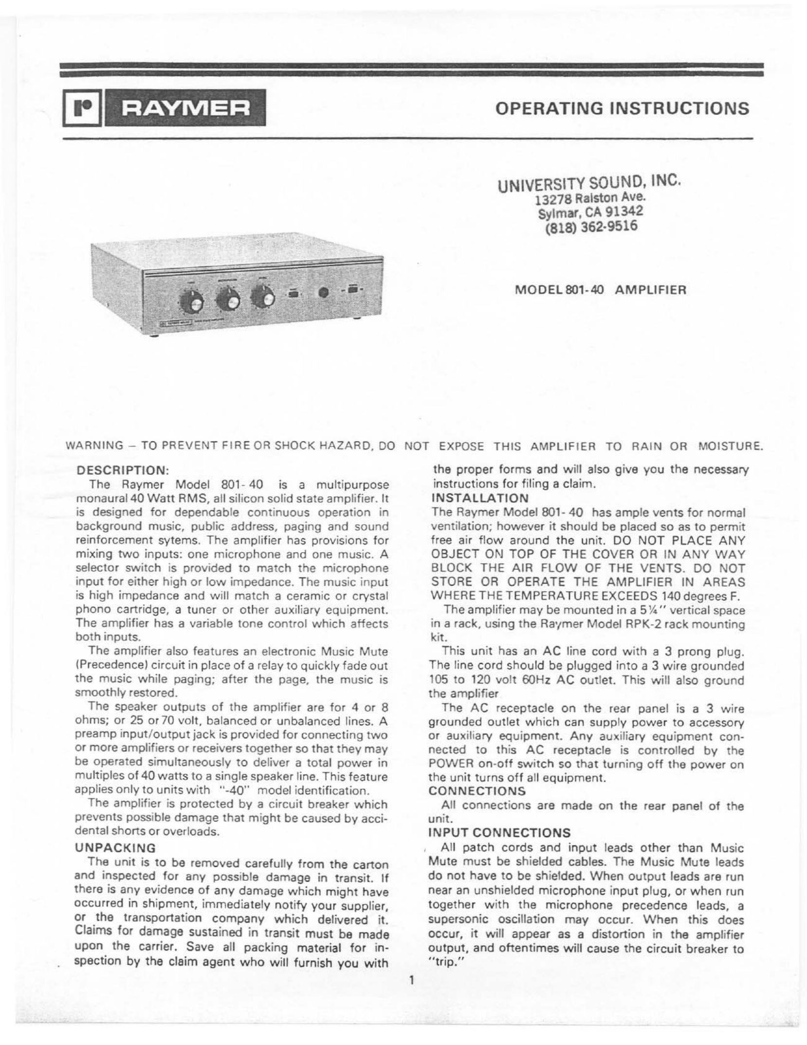 Telex 801-40 Stereo Amplifier User Manual