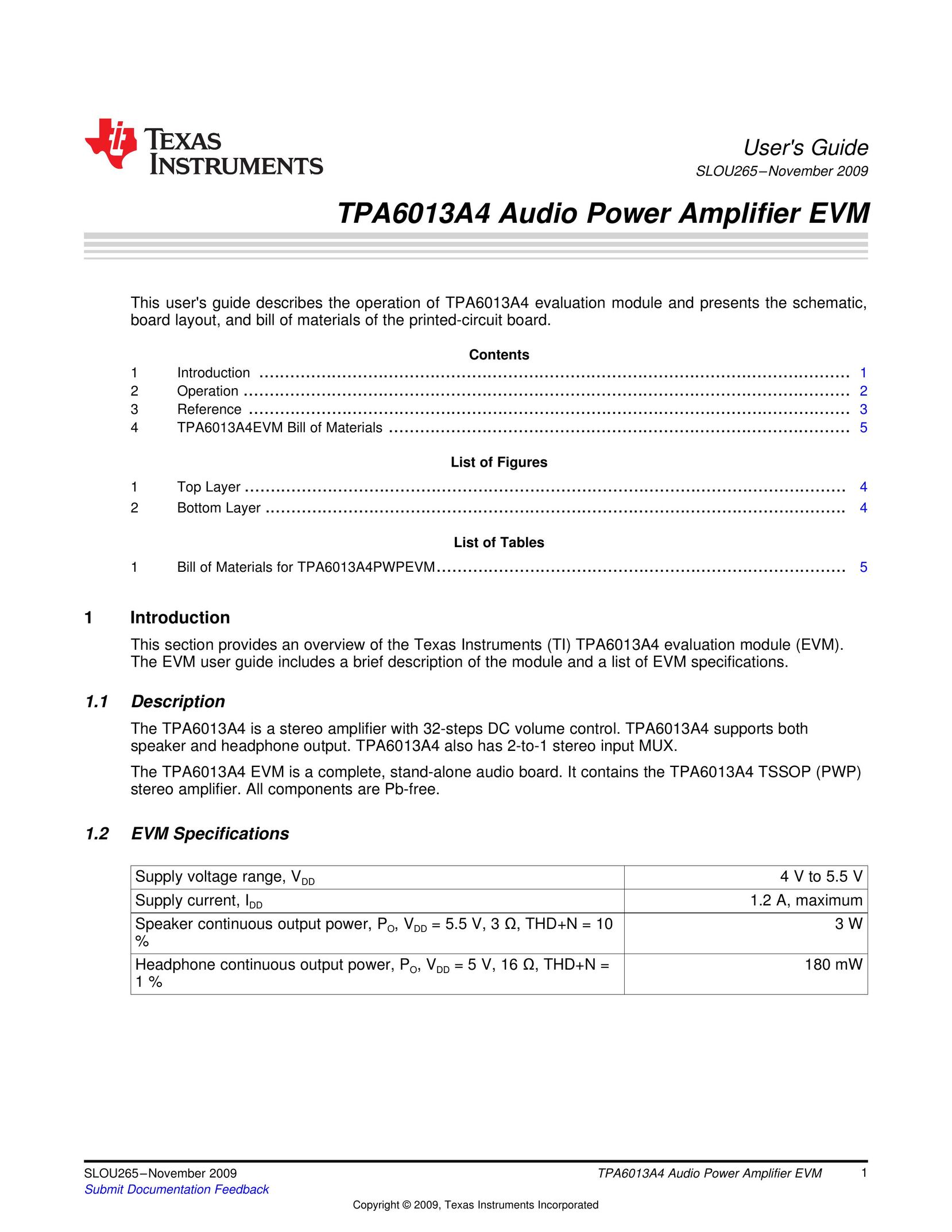 Texas Instruments TPA6013A4 Stereo Amplifier User Manual