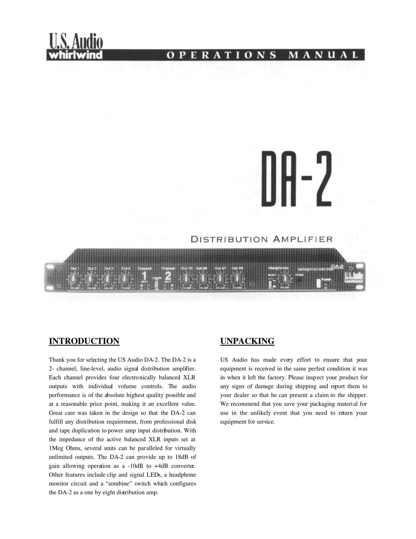 Whirlwind DA-2 Stereo Amplifier User Manual