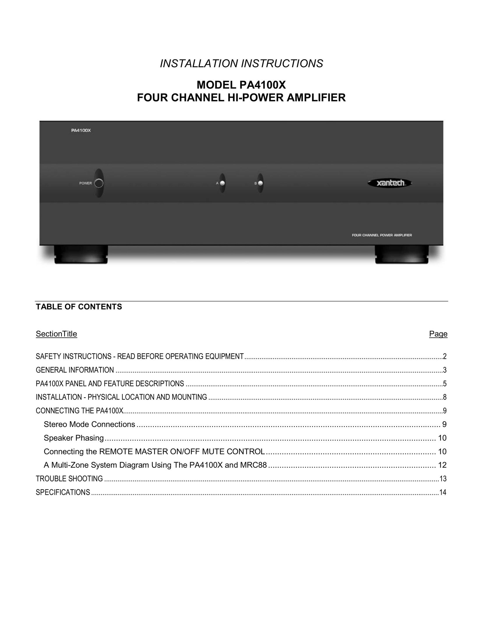 Xantech PA4100X Stereo Amplifier User Manual