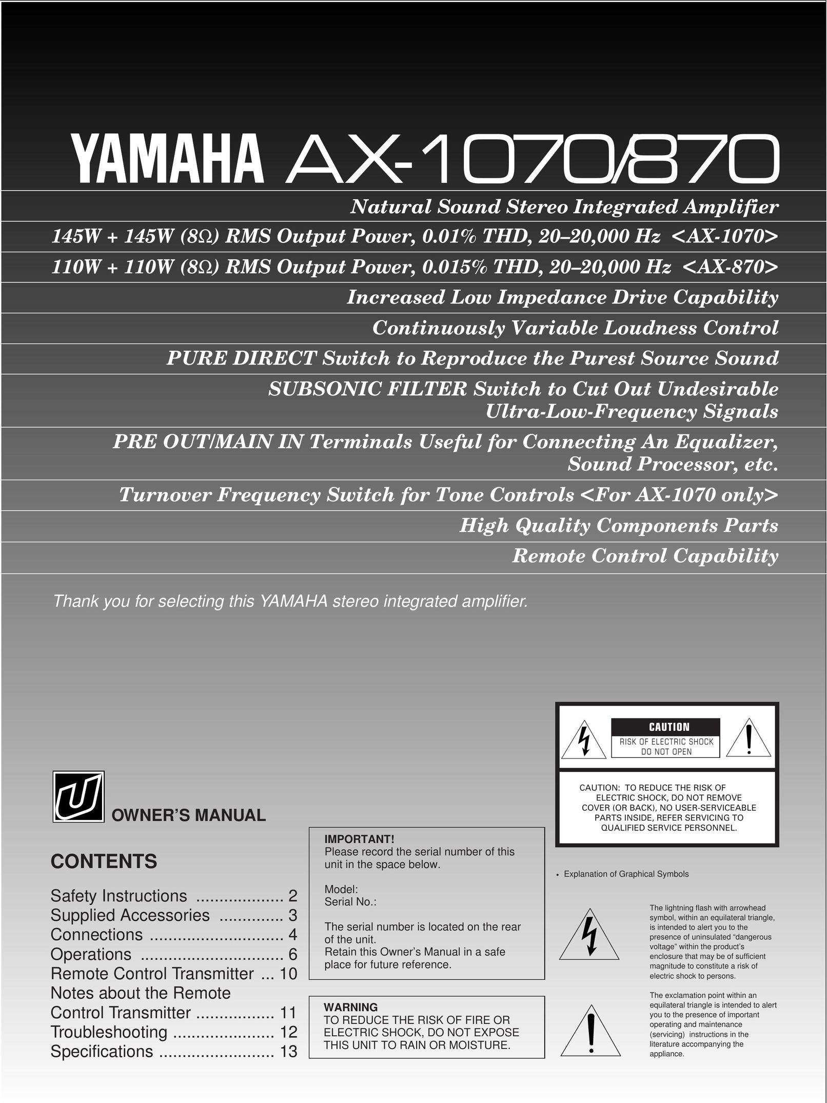 Yamaha AX-1070/870 Stereo Amplifier User Manual