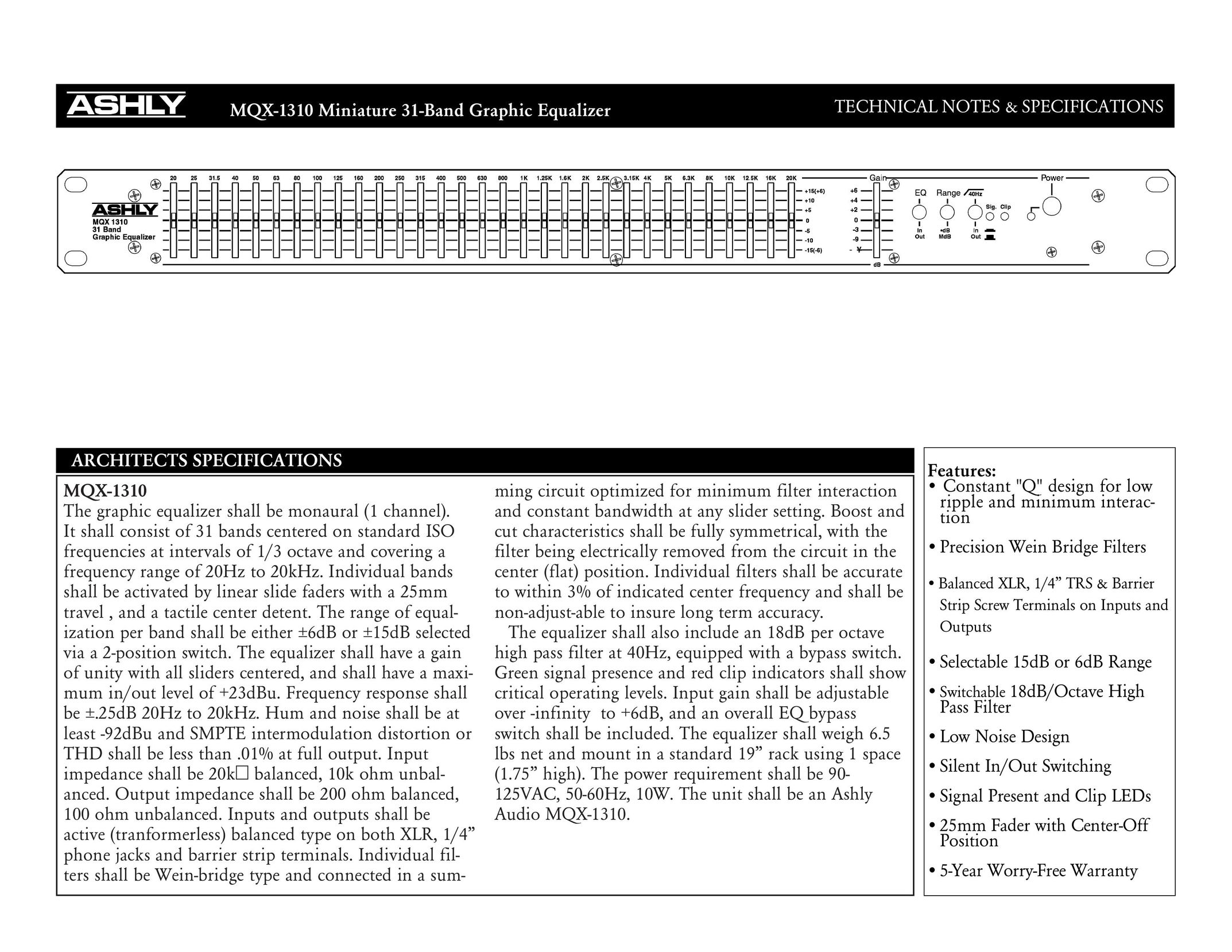 Ashly MQX-1310 Stereo Equalizer User Manual