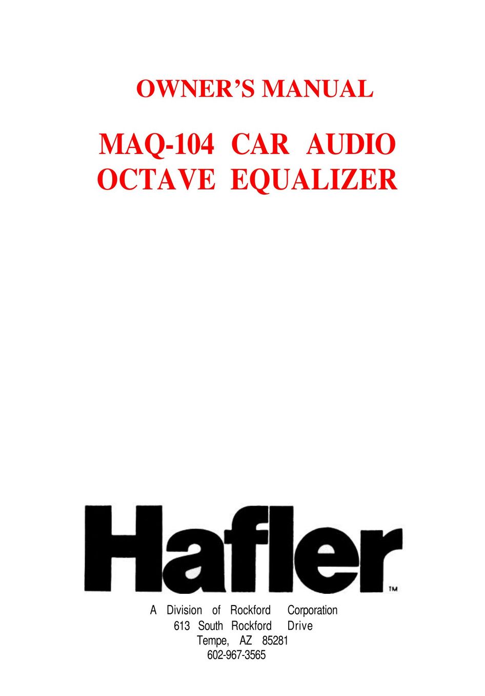 Hafler MAQ-104 Stereo Equalizer User Manual