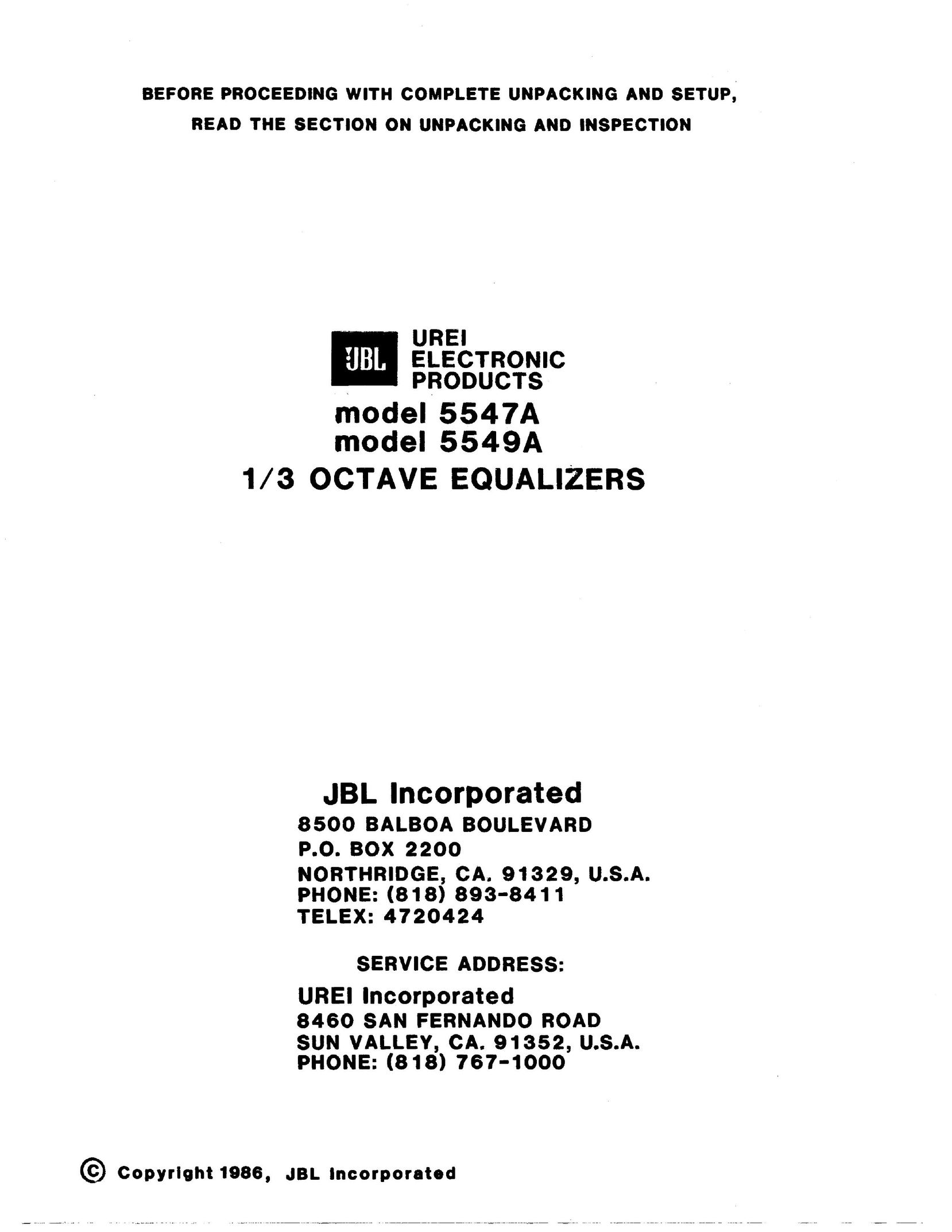 JBL 5549A Stereo Equalizer User Manual