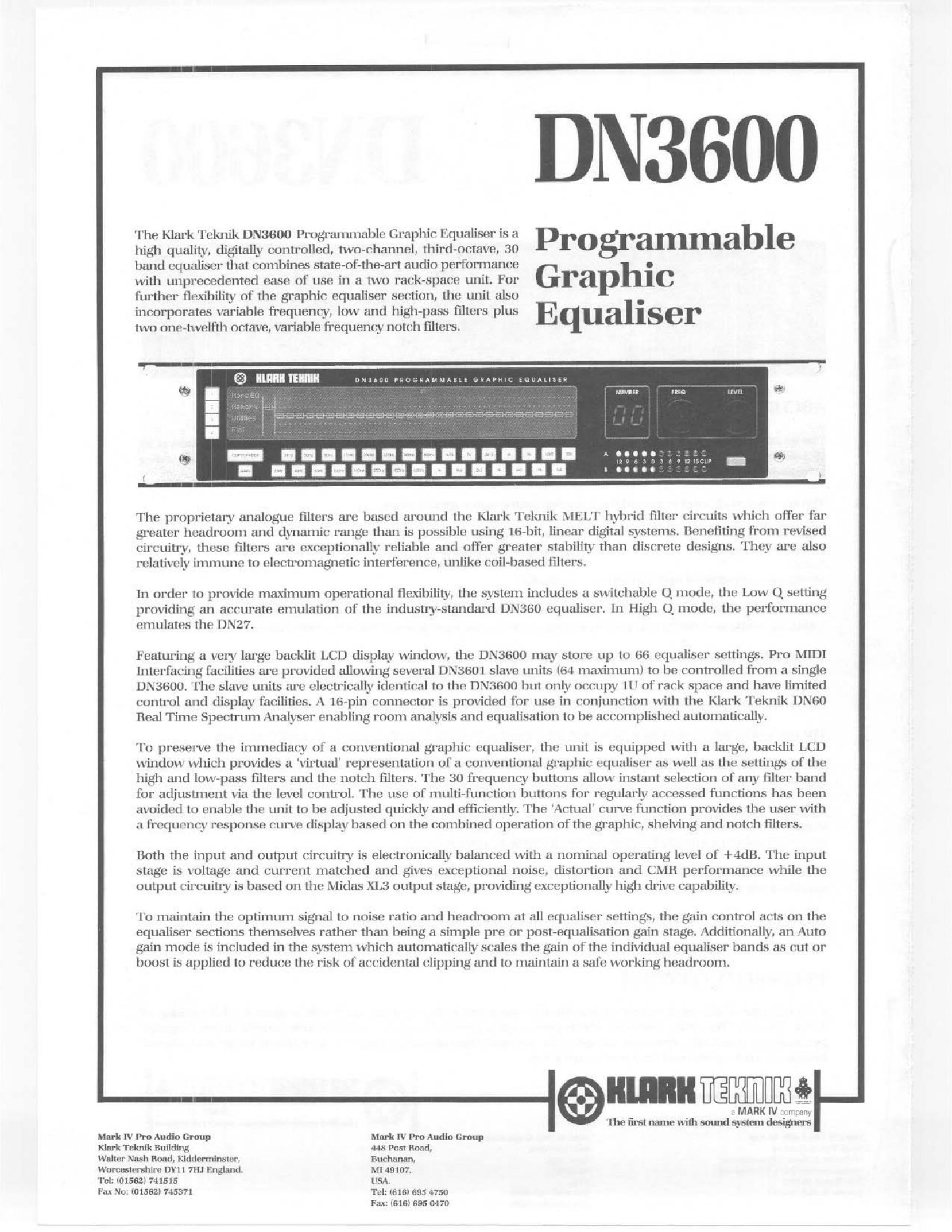 Klark Teknik DN3600 Stereo Equalizer User Manual