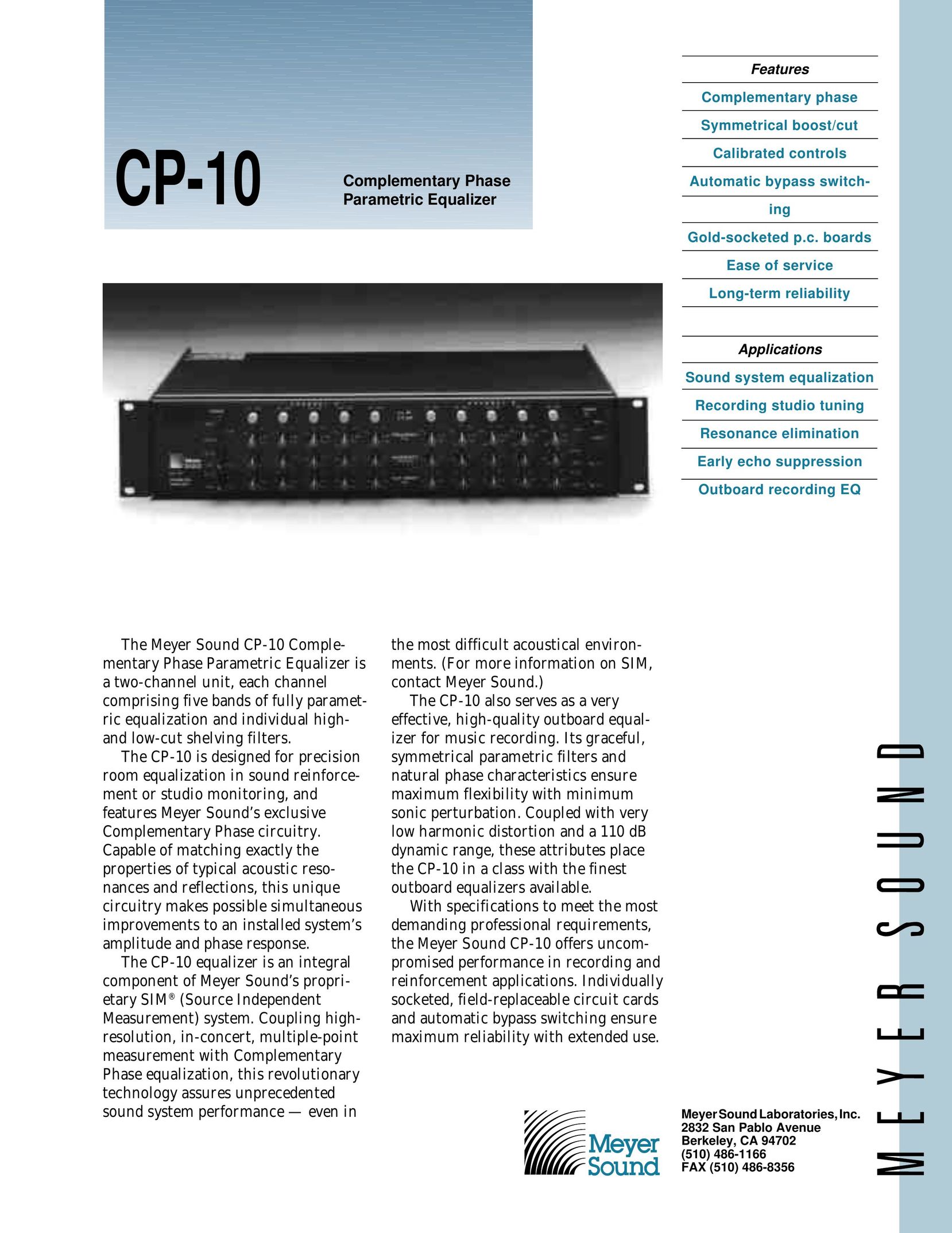 Meyer Sound CP-10 Stereo Equalizer User Manual