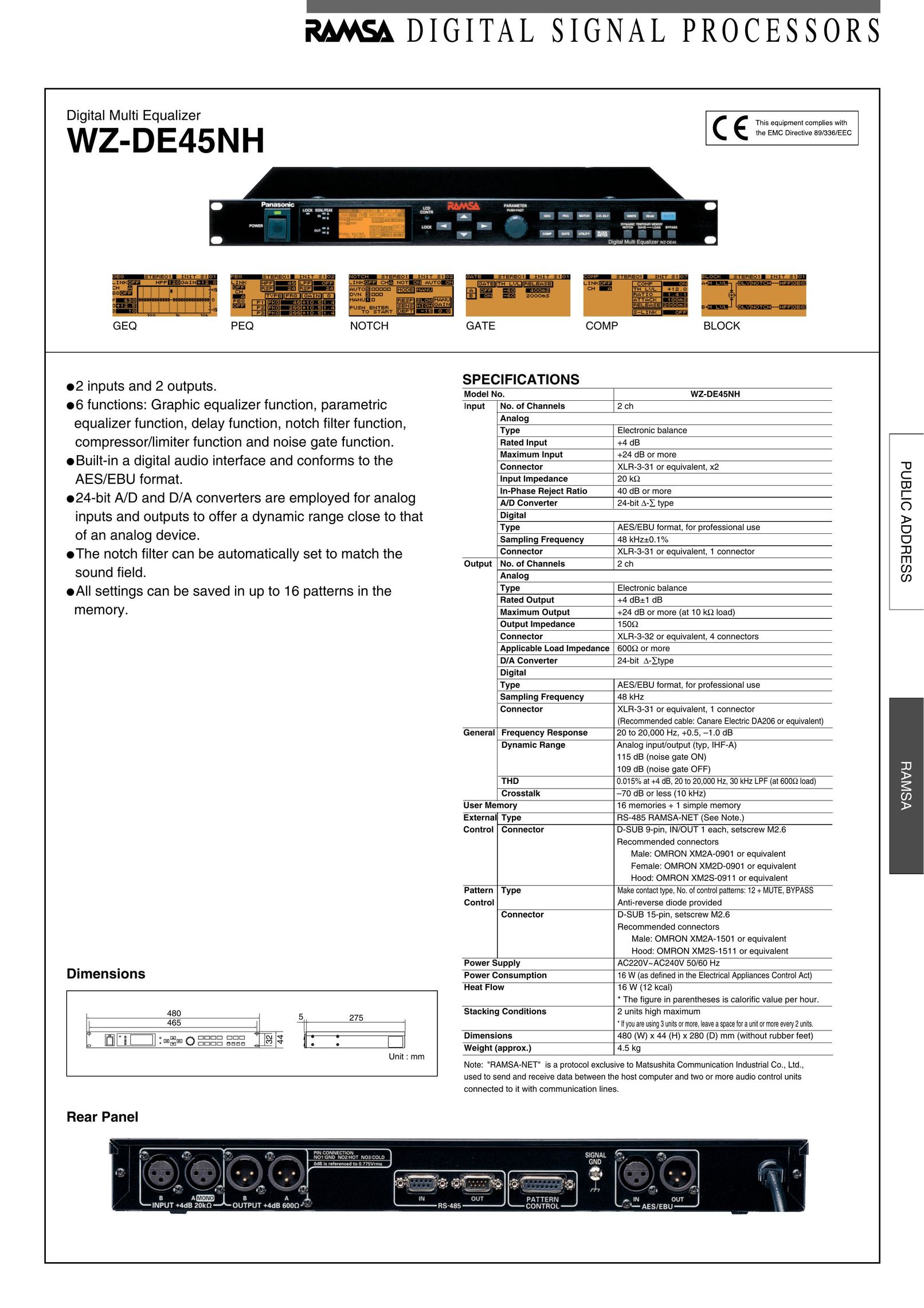 Panasonic WZ-DE45NH Stereo Equalizer User Manual