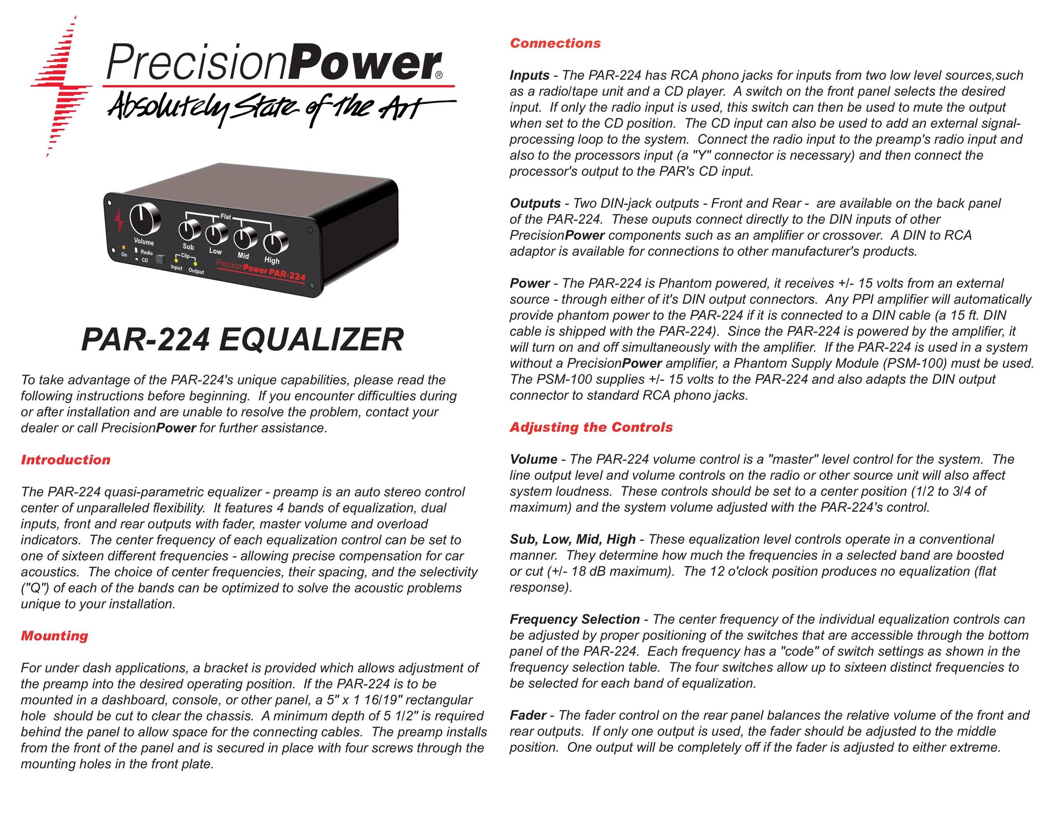 Precision Power PAR224 Stereo Equalizer User Manual