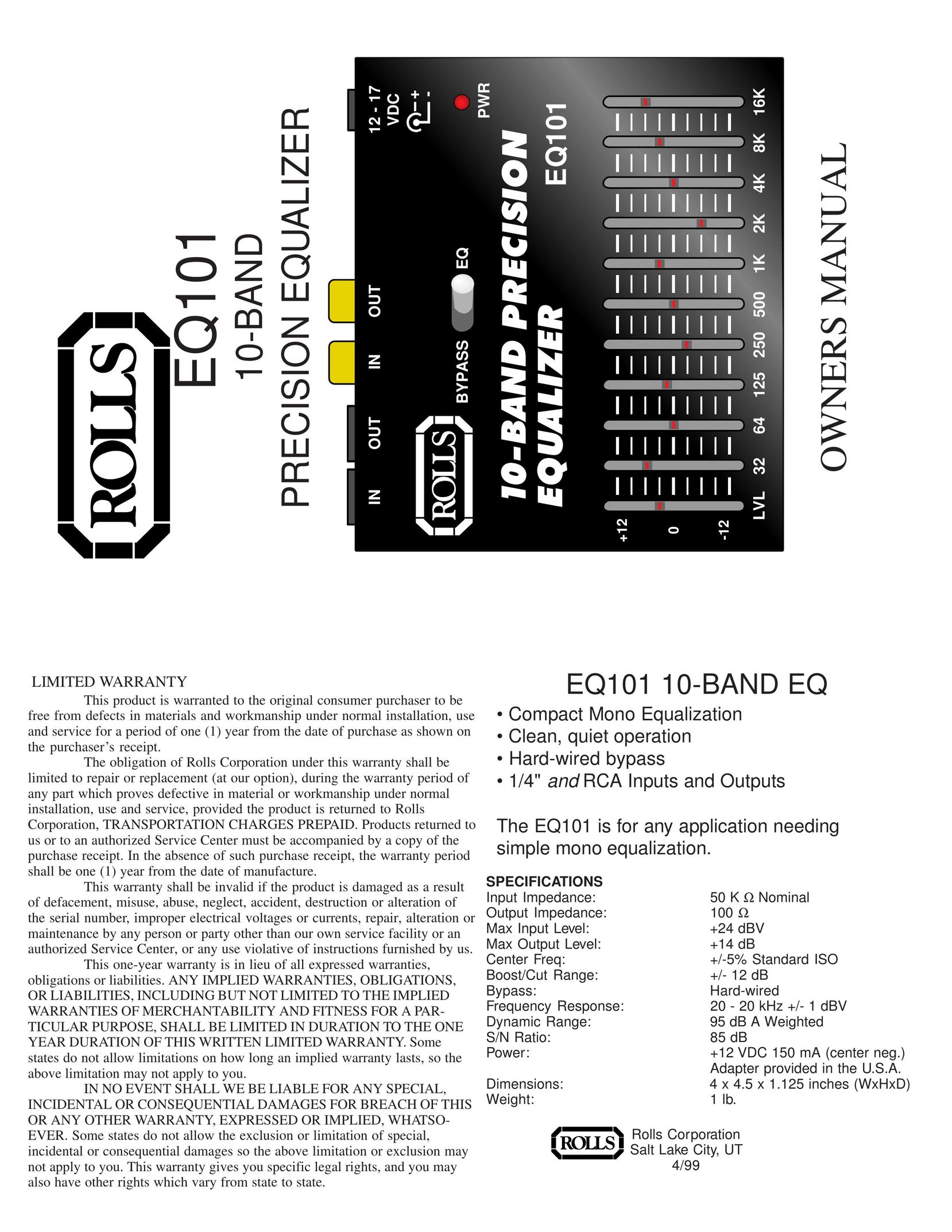 Rolls EQ101 Stereo Equalizer User Manual