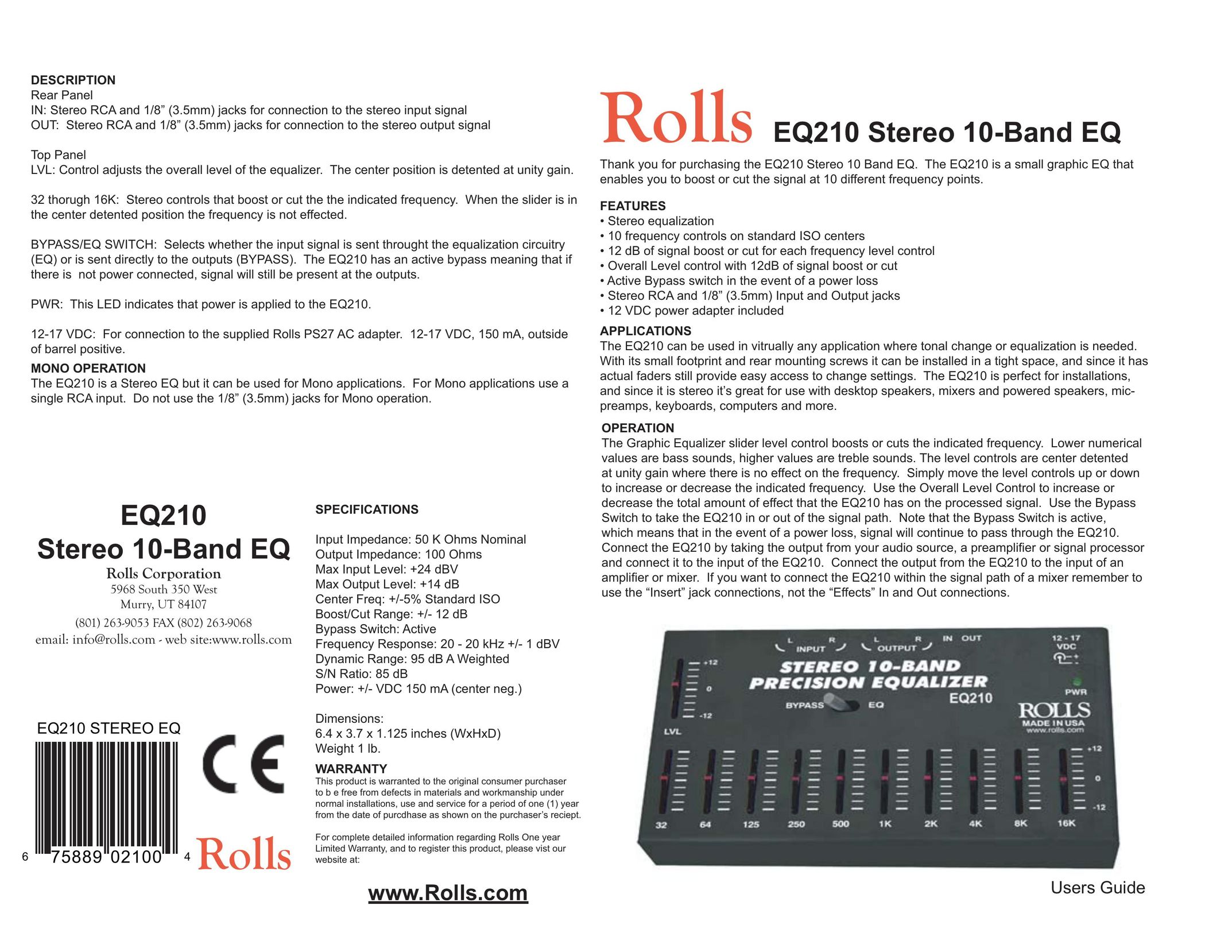 Rolls EQ210 Stereo Equalizer User Manual
