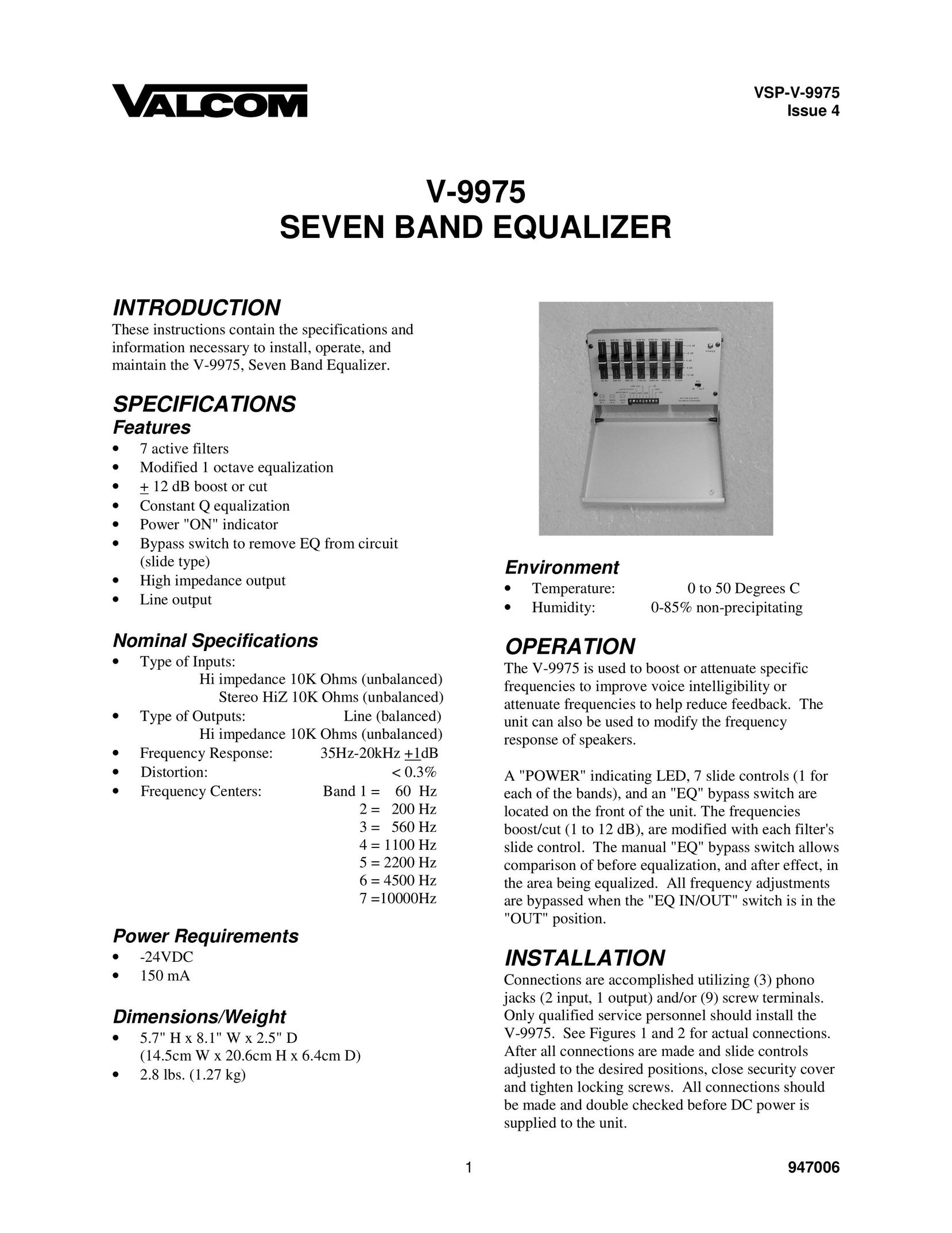 Valcom V-9975 Stereo Equalizer User Manual