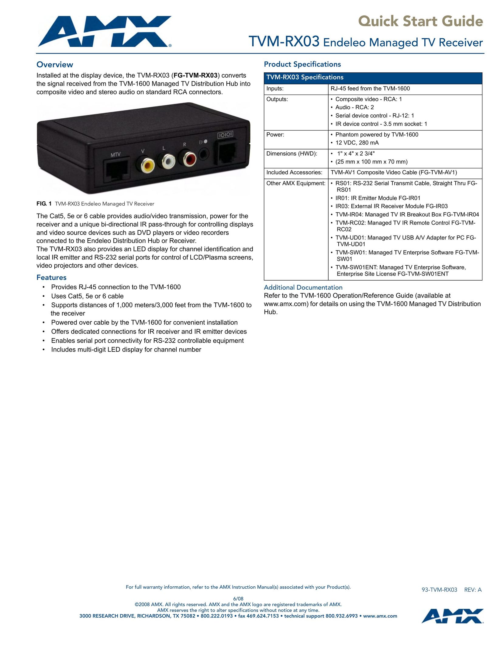 AMX TVM-RX03 Stereo Receiver User Manual