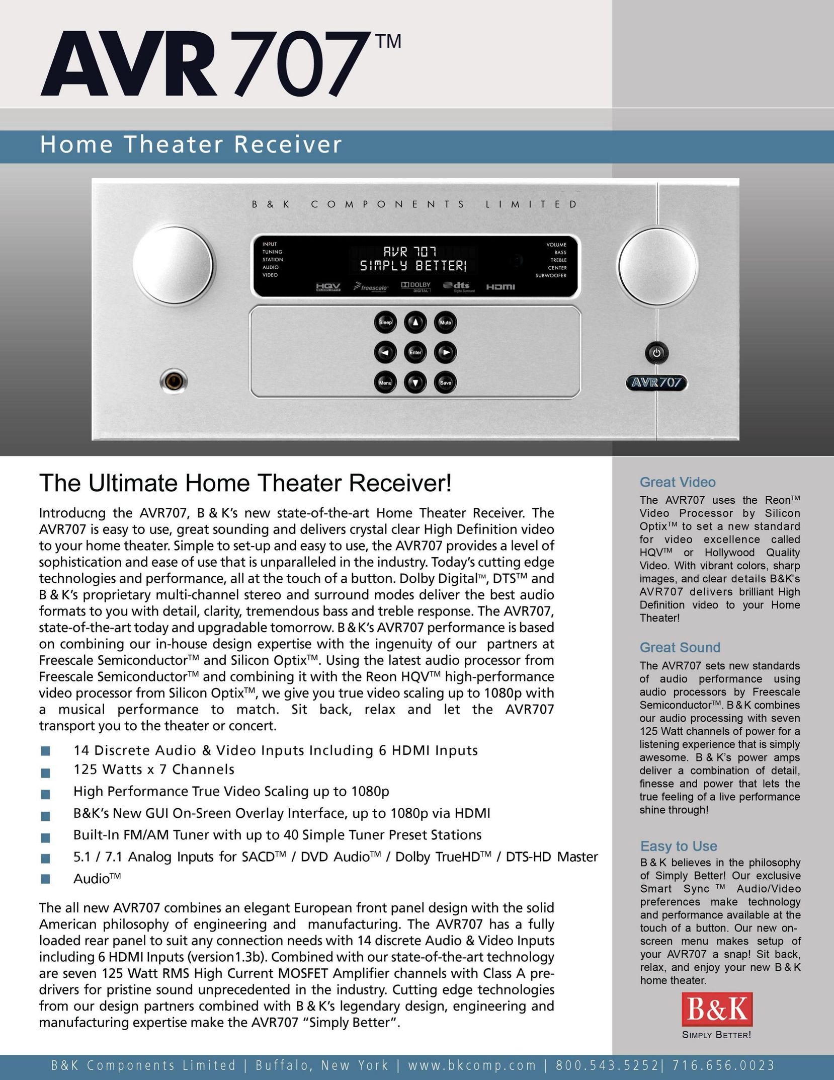B&K AVR707 Stereo Receiver User Manual