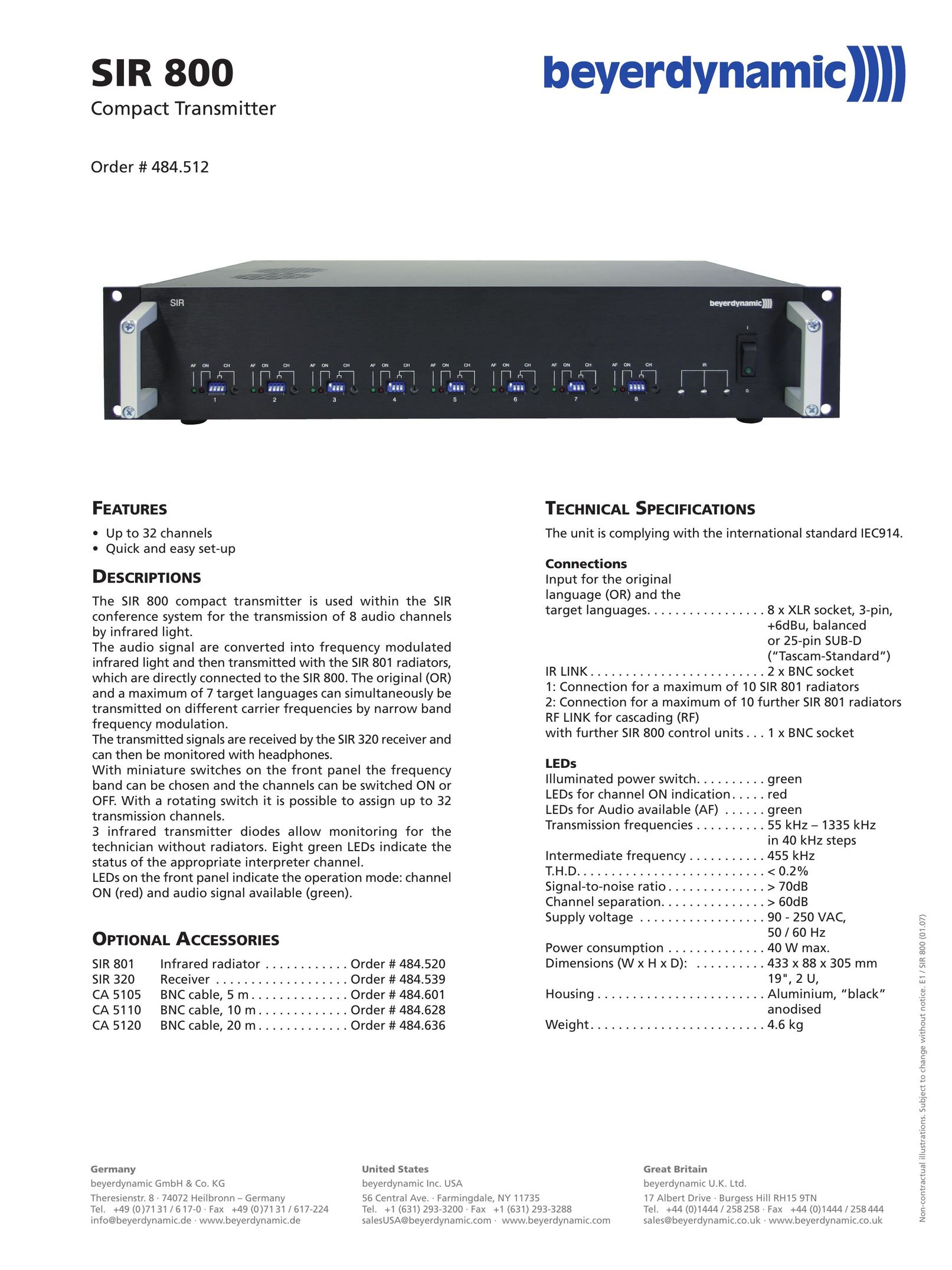 Beyerdynamic SIR 800 Stereo Receiver User Manual