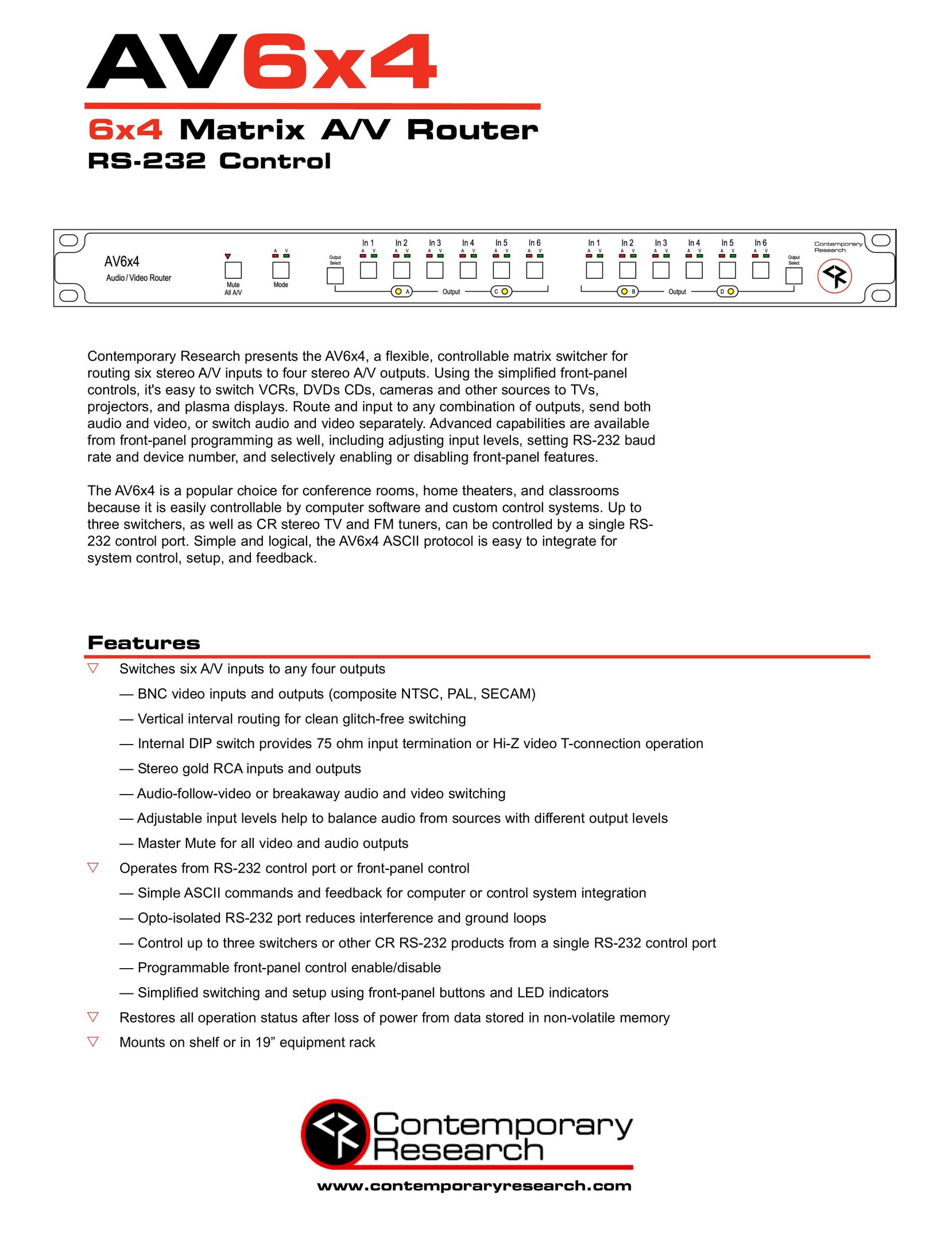 Contemporary Research AV6X4 Stereo Receiver User Manual