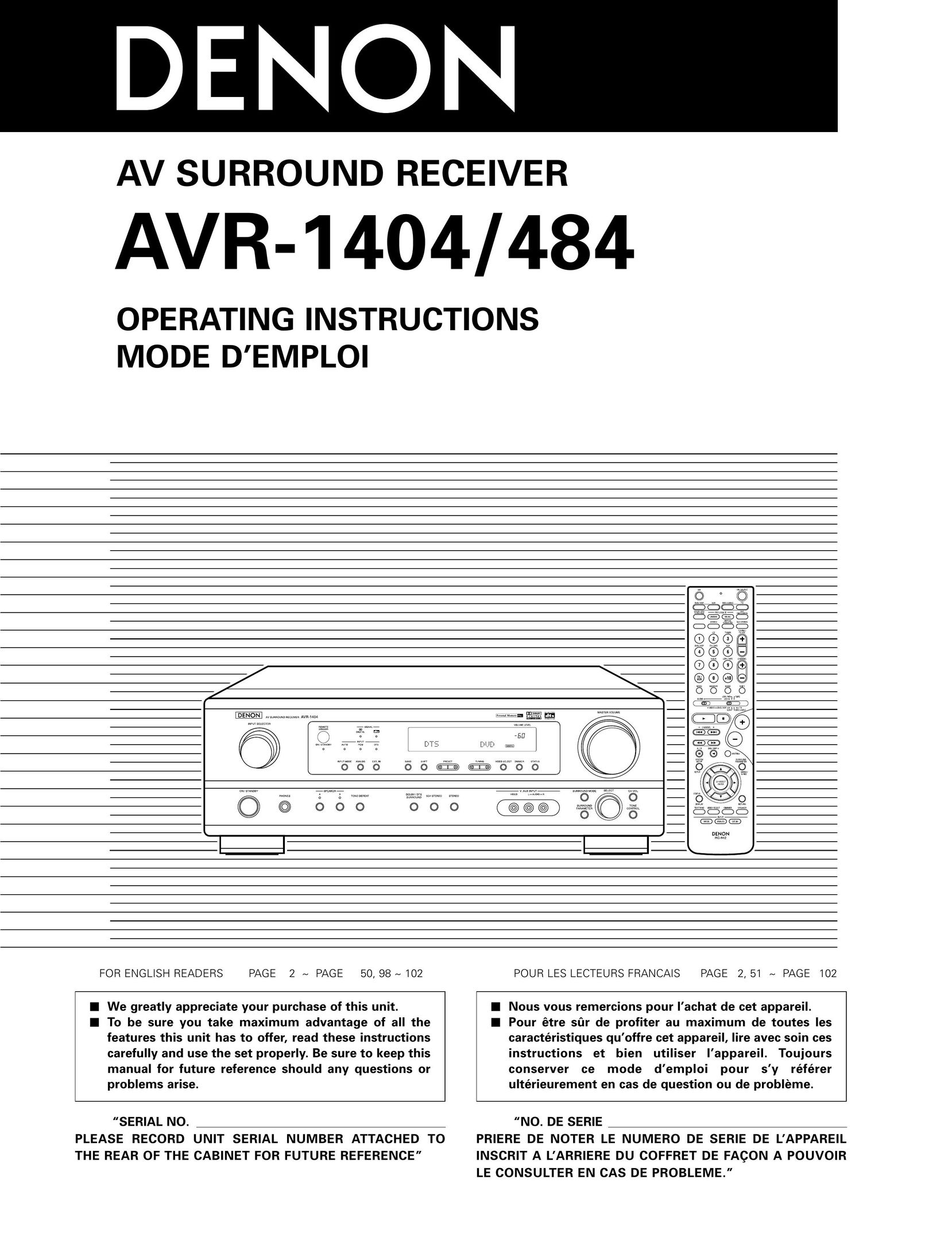 Denon AVR-1404 Stereo Receiver User Manual
