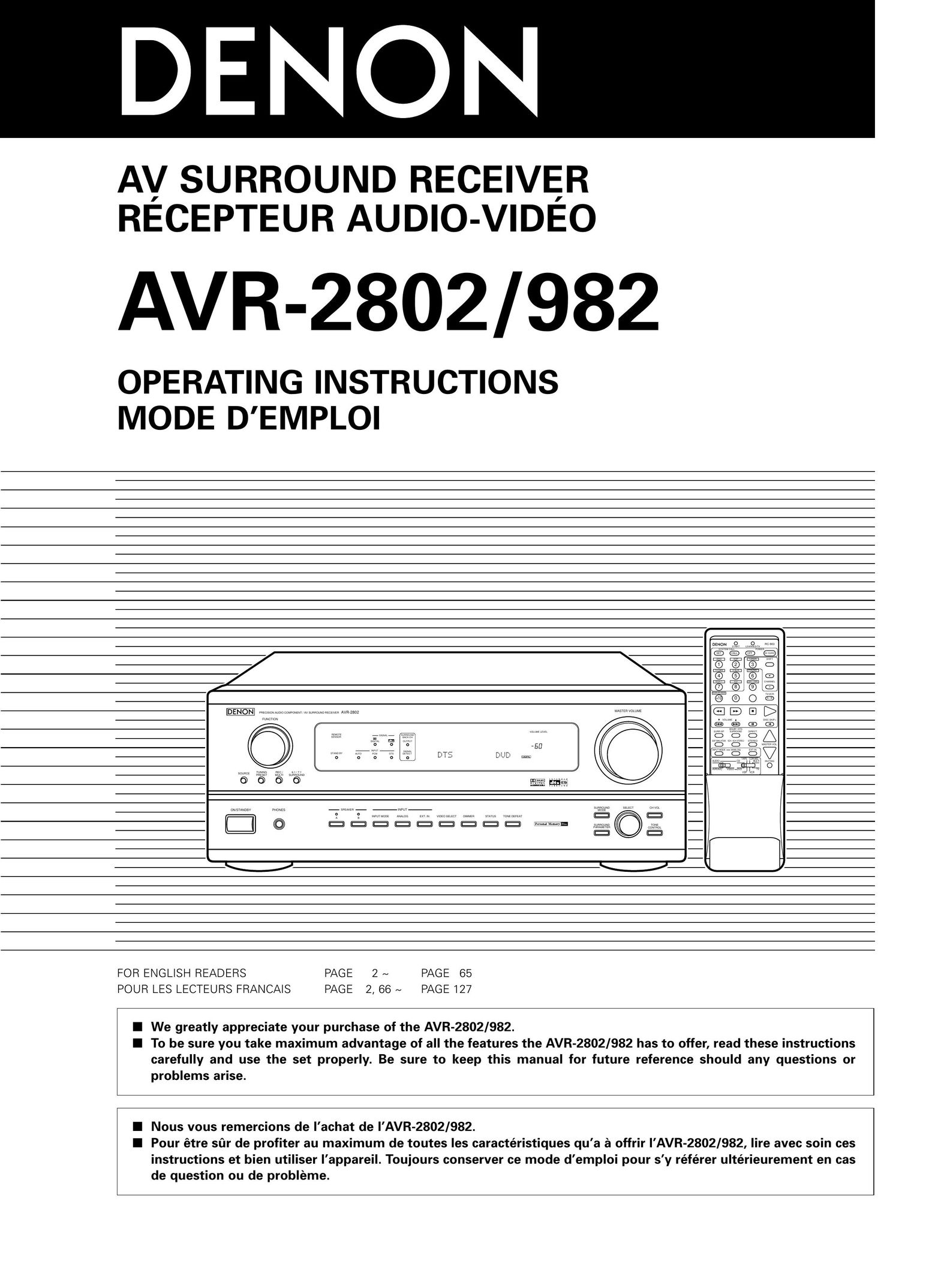 Denon AVR-2802/982 Stereo Receiver User Manual