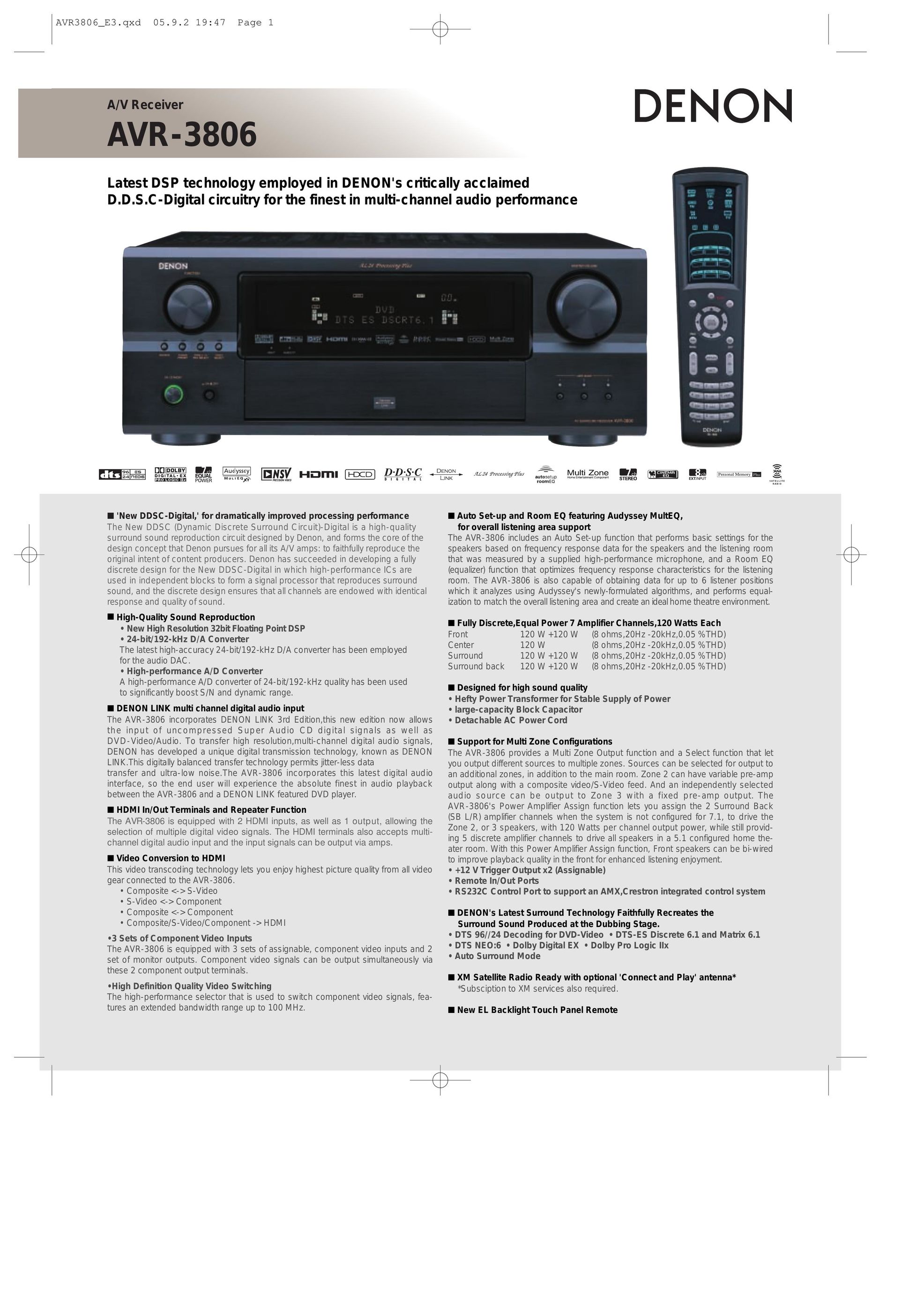 Denon AVR-3806 Stereo Receiver User Manual