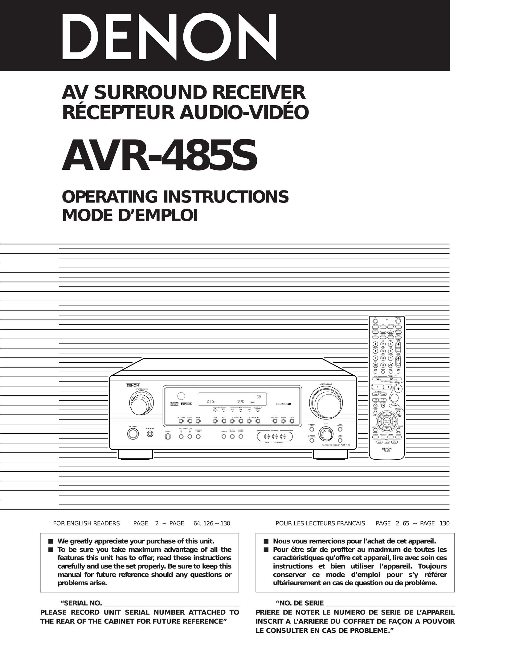 Denon AVR-485S Stereo Receiver User Manual
