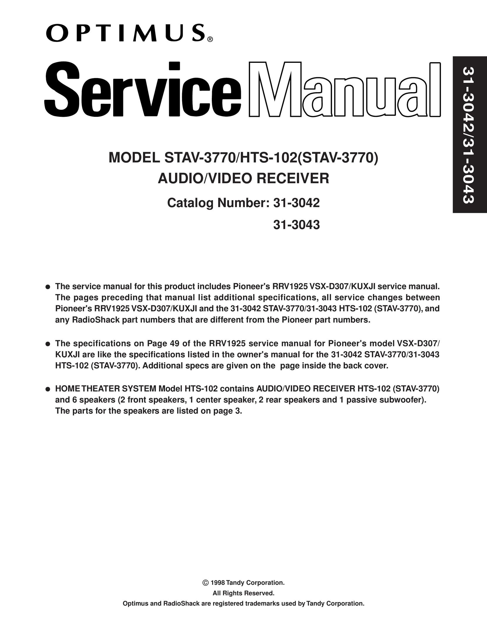 Dolby Laboratories STAV-3770 Stereo Receiver User Manual