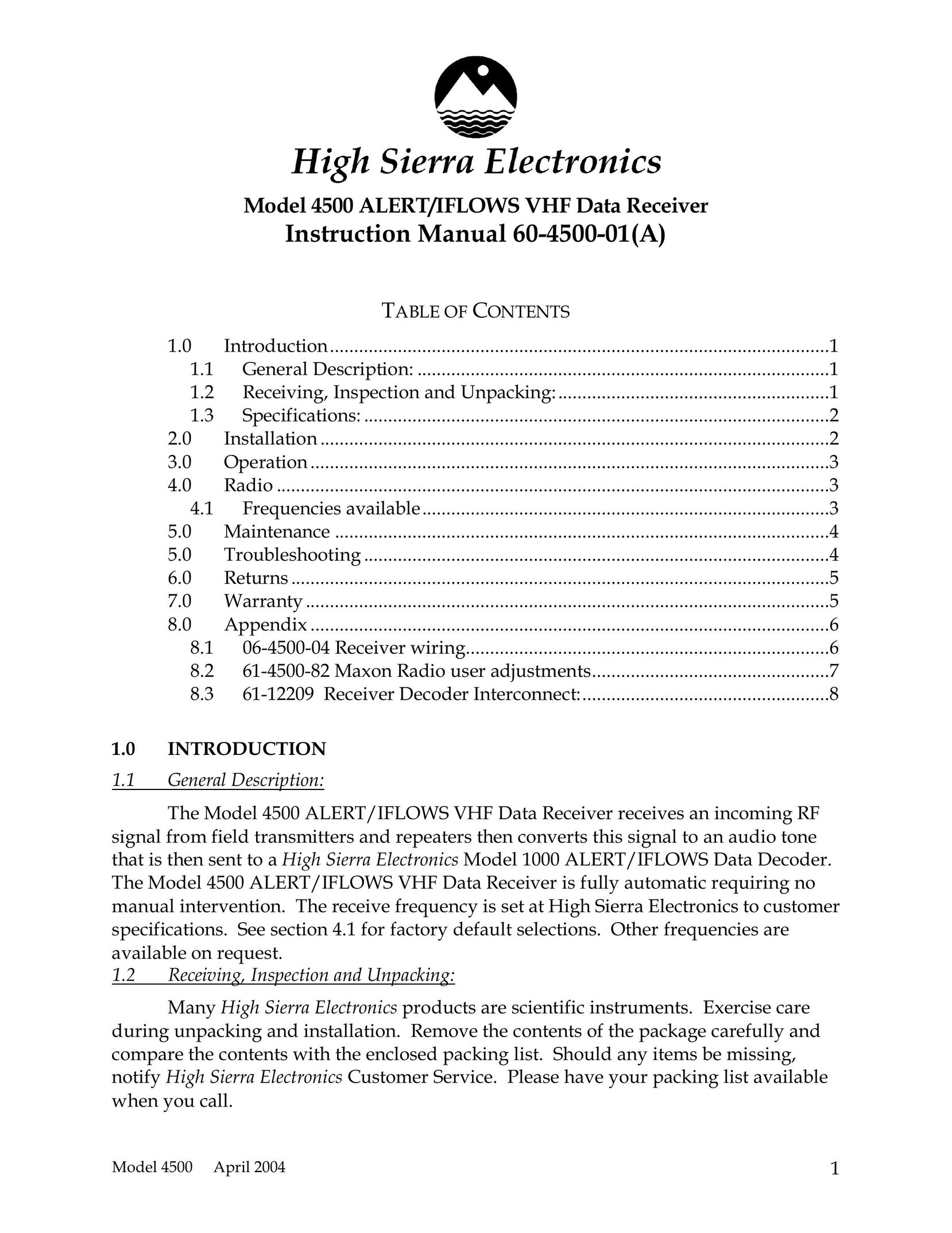 High Sierra Alert/IFlows VHF Data Receiver Stereo Receiver User Manual