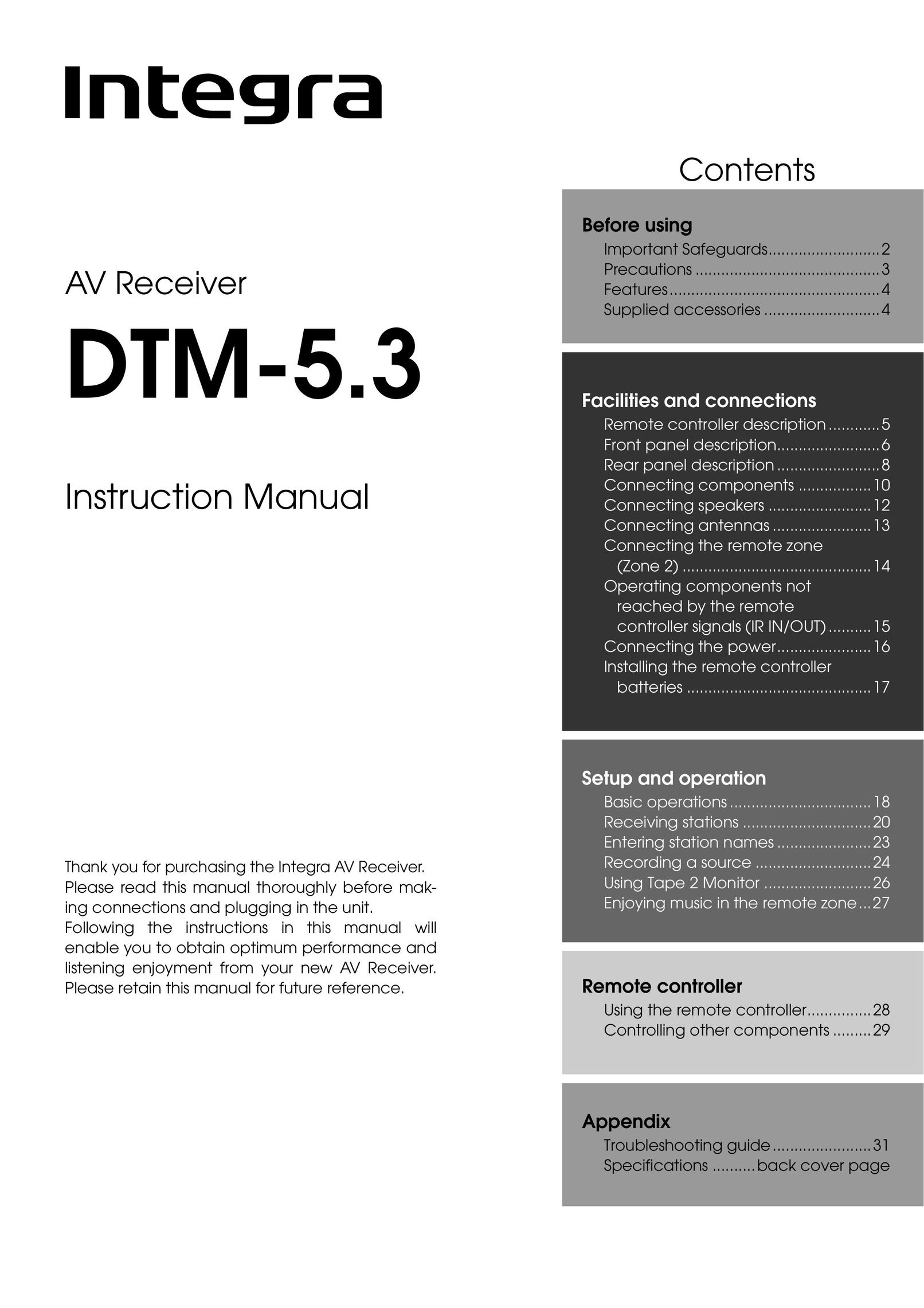 Integra DTM-5.3 Stereo Receiver User Manual