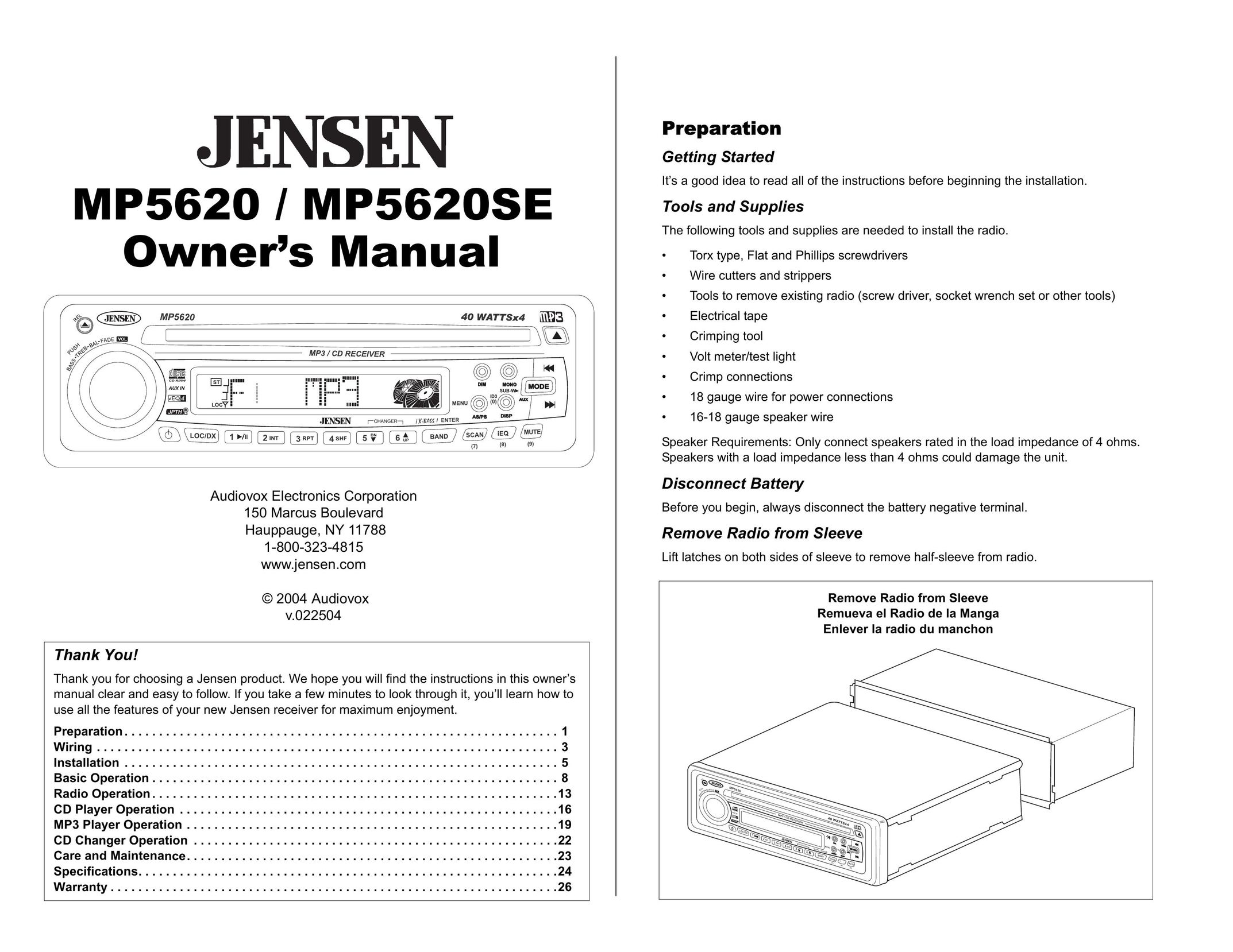Jensen MP5620SE Stereo Receiver User Manual