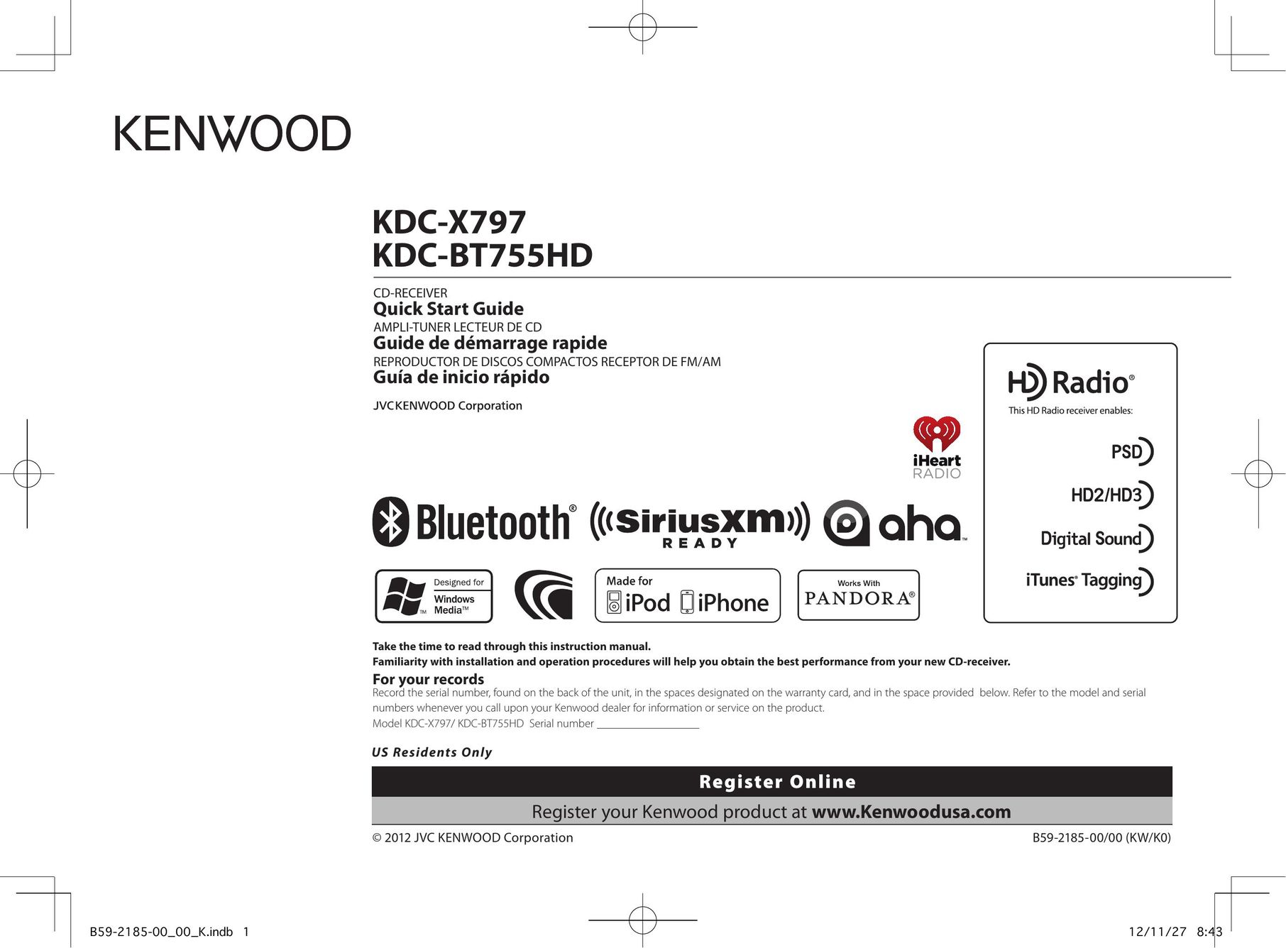 Kenwood KDC-BT755HD Stereo Receiver User Manual