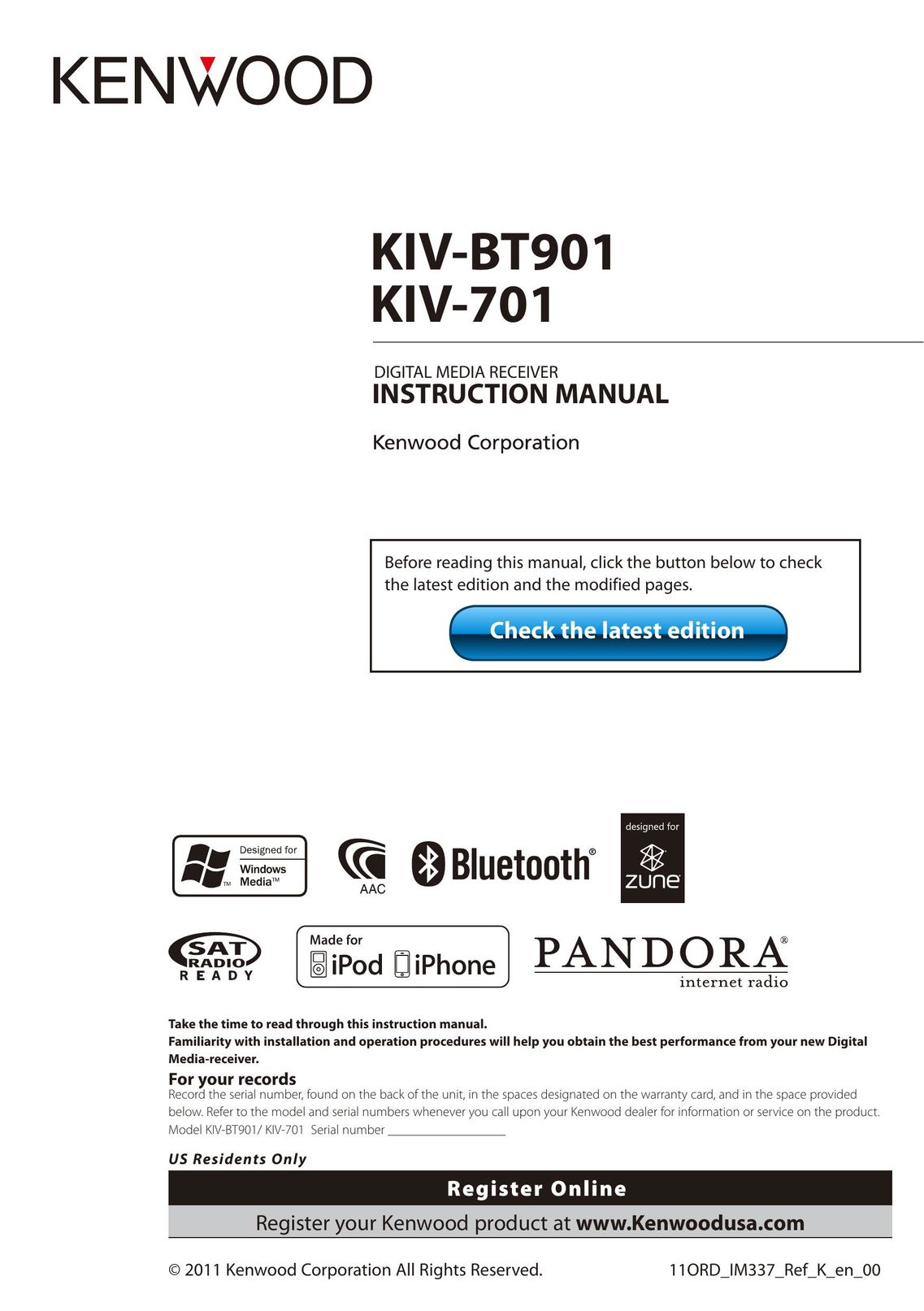 Kenwood KIV-BT901 Stereo Receiver User Manual