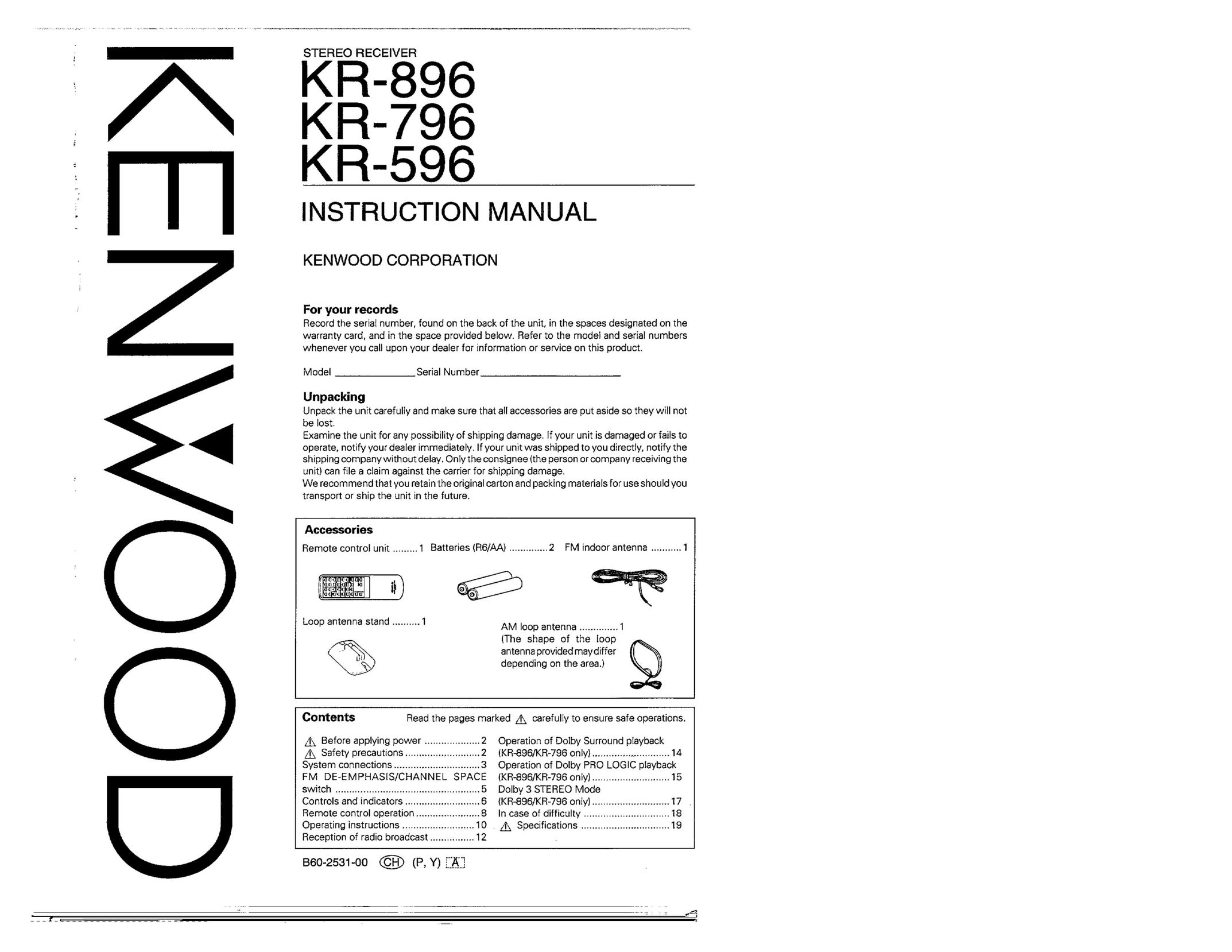 Kenwood KR-896 Stereo Receiver User Manual