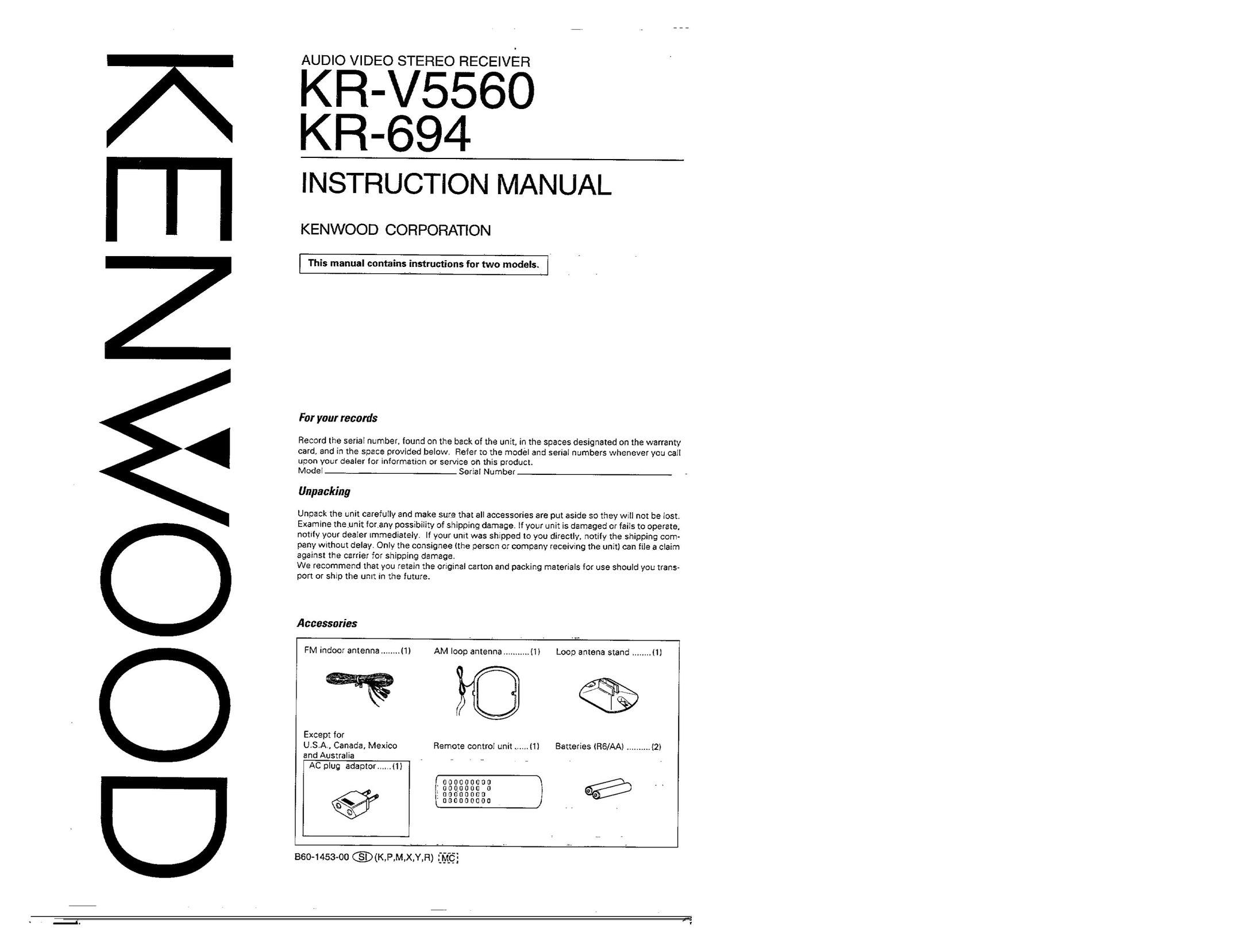 Kenwood KR-V5560 Stereo Receiver User Manual