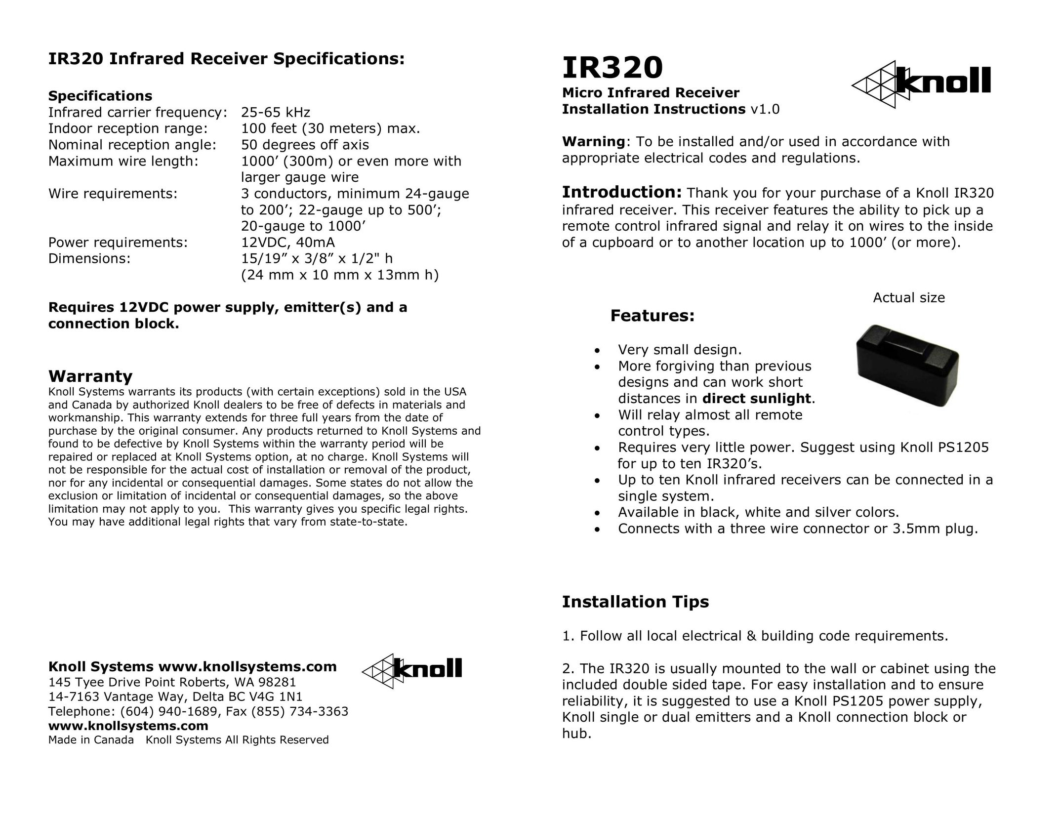 Knoll Systems IR320 Stereo Receiver User Manual