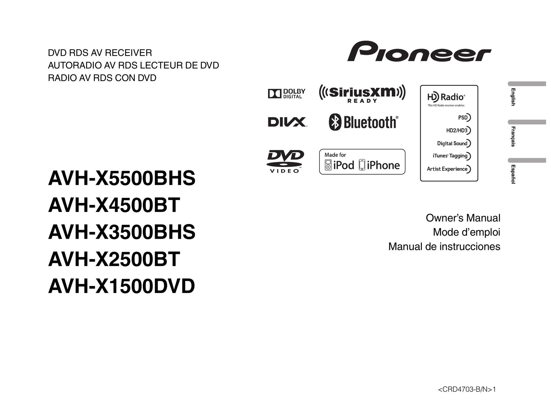 Pioneer AVH-X3500BHS Stereo Receiver User Manual