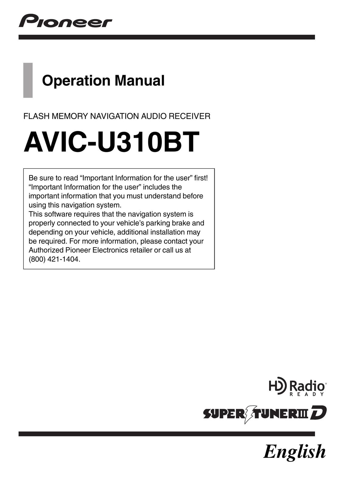 Pioneer AVIC-U310BT Stereo Receiver User Manual