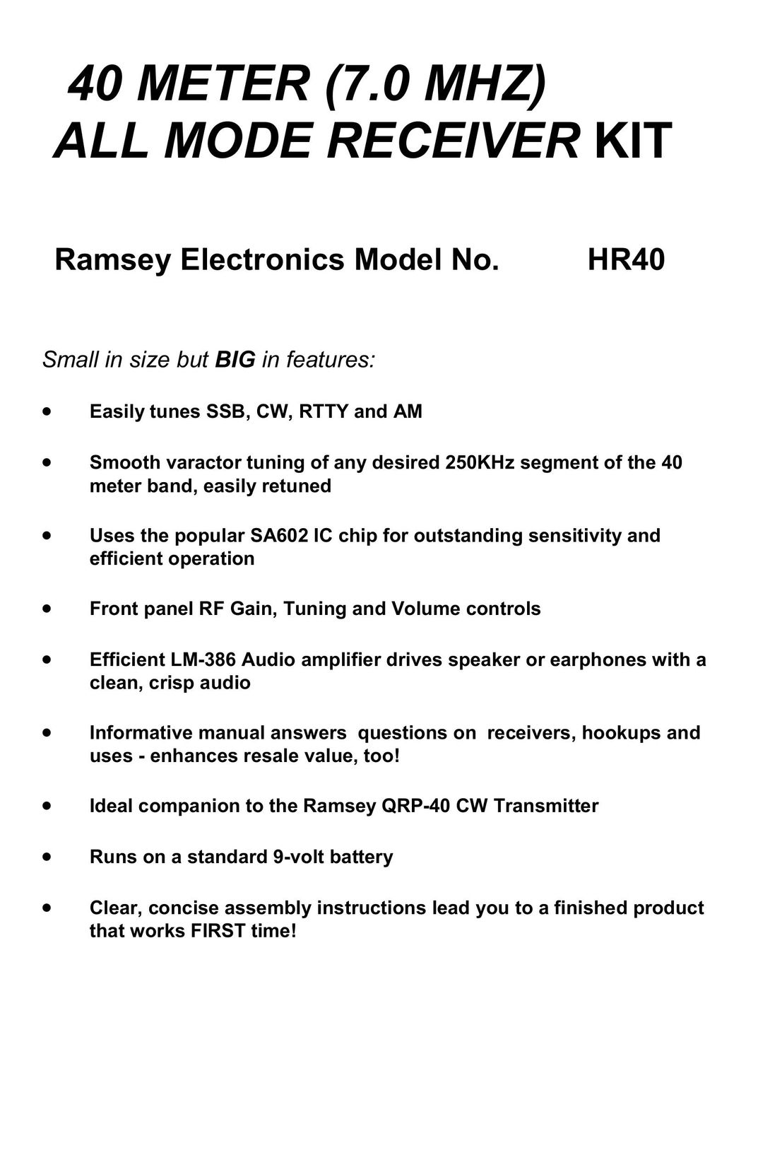 Ramsey Electronics HR40 Stereo Receiver User Manual