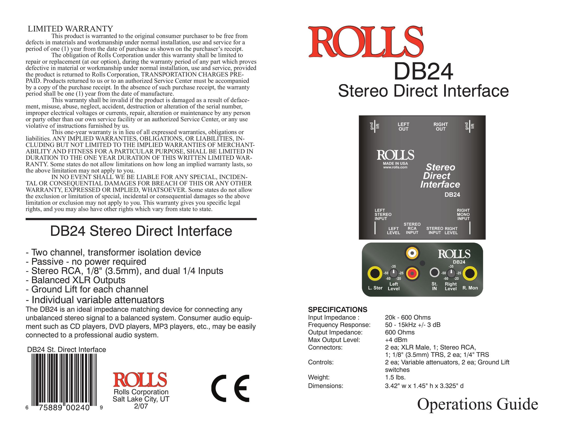Rolls DB24 Stereo Receiver User Manual