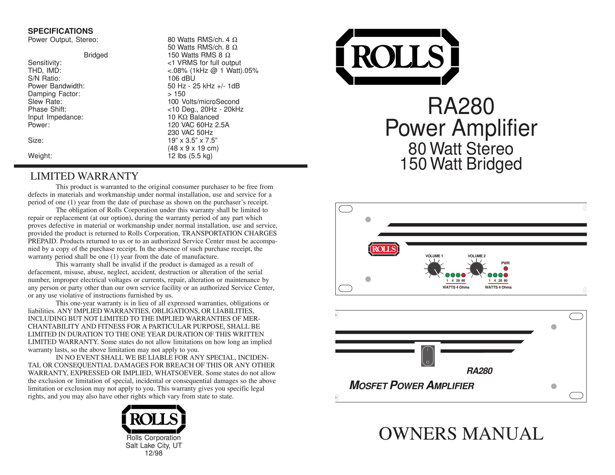 Rolls RA280 Stereo Receiver User Manual