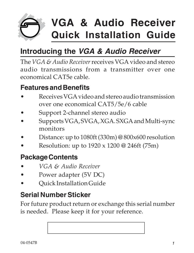 SIIG CAT5/5e/6 Stereo Receiver User Manual