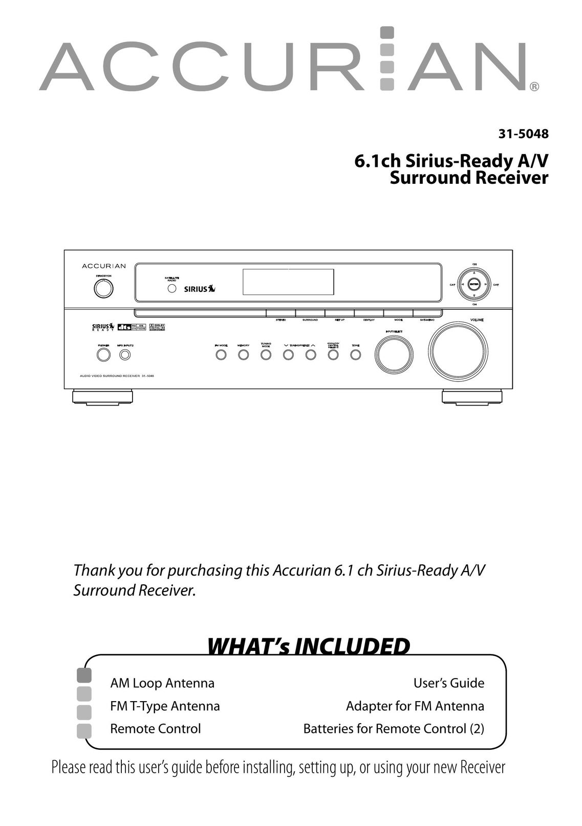 Sirius Satellite Radio 6.1ch Sirius-Ready A/V Surround Receiver Stereo Receiver User Manual