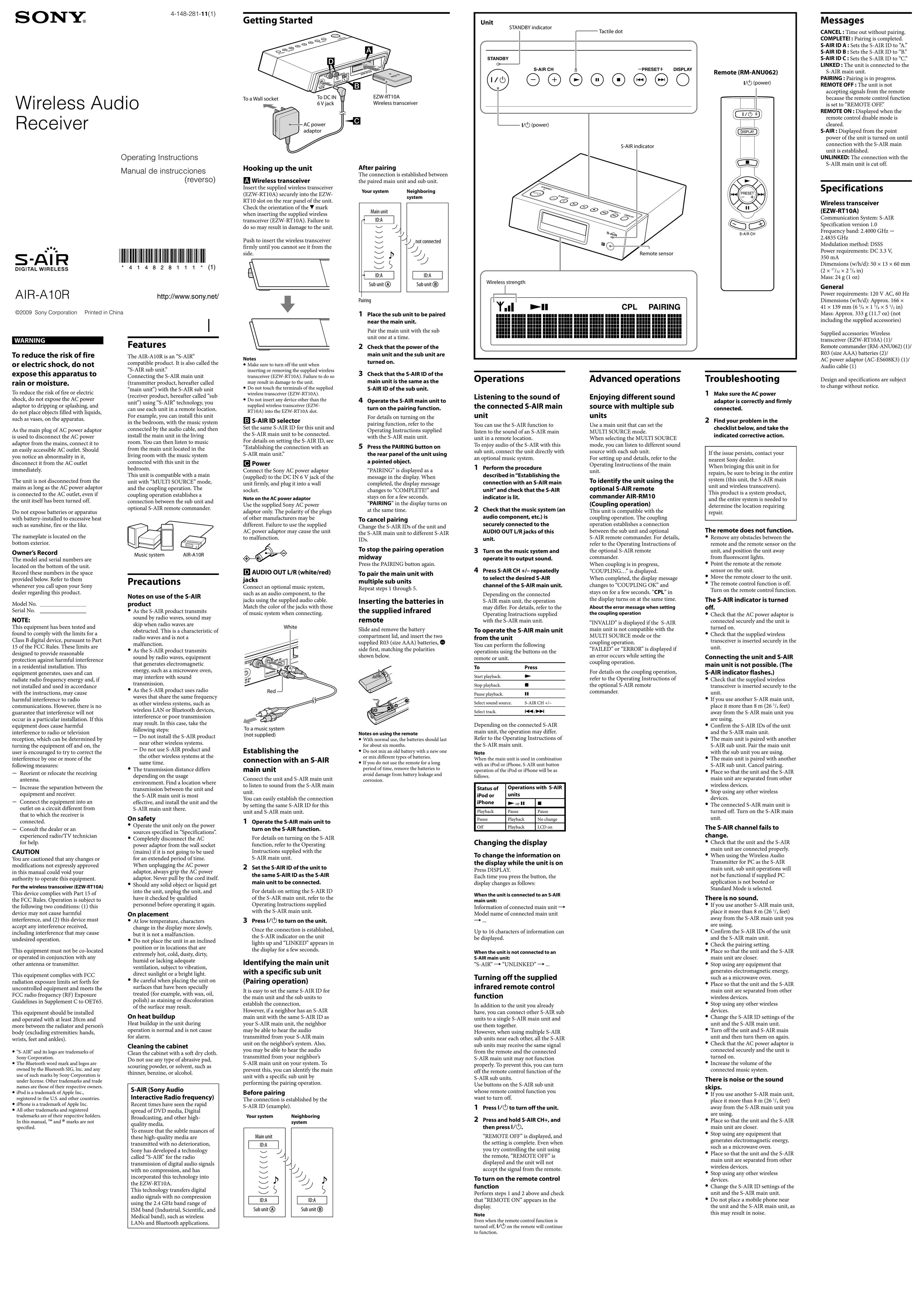 Sony AIR-A10R Stereo Receiver User Manual